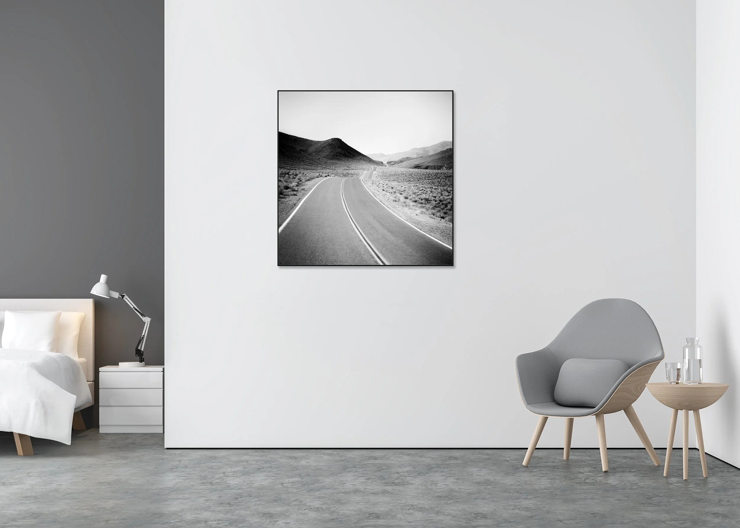 Way to Nowhere, Study 1 – black-and-white photograph on Dibond in an aluminium ArtBox displayed in a minimalist interior. Photo by Gerald Berghammer.
