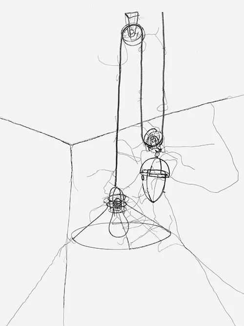 Wire sculpture of a hanging pendant light by Austrian artist Ismael Picker-Schiebel.