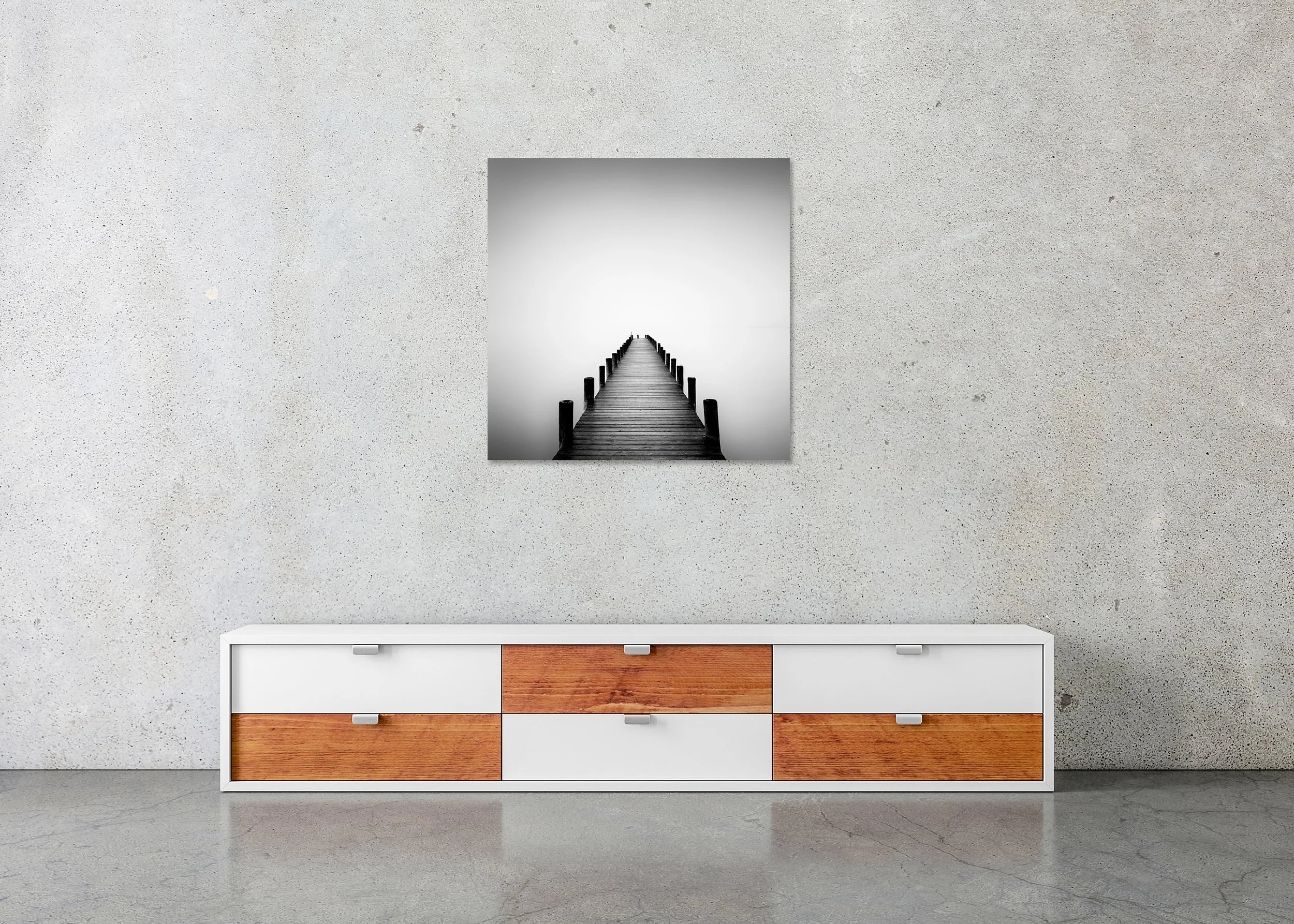 Pier on Misty Lake Study 1 – Austria, frameless black-and-white photograph mounted to Dibond