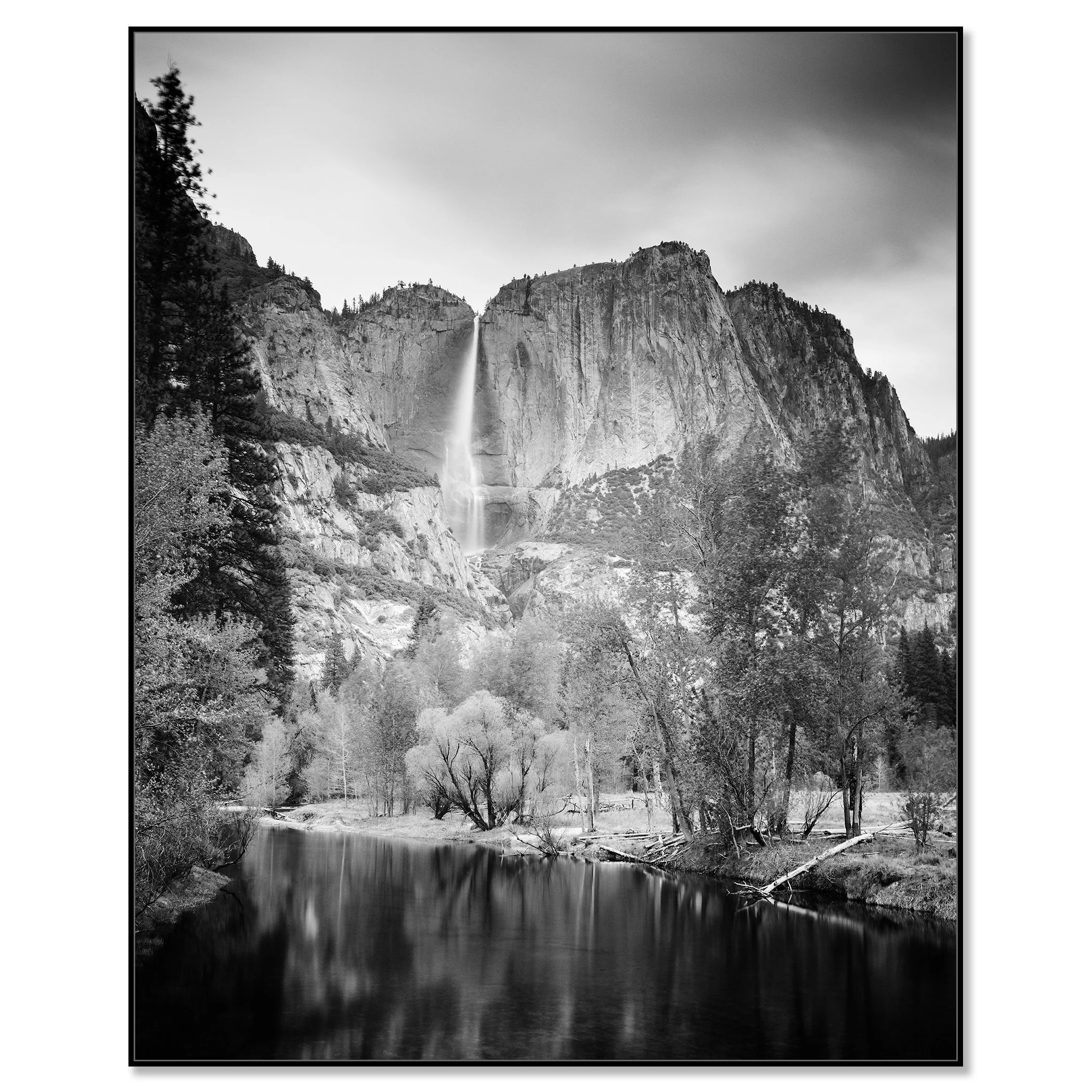 © 2015 Gerald Berghammer - Black and white american landscaspe photography. Mountain landscape with a waterfall, trees, and a calm river in the foreground. Chromaluxe framed black