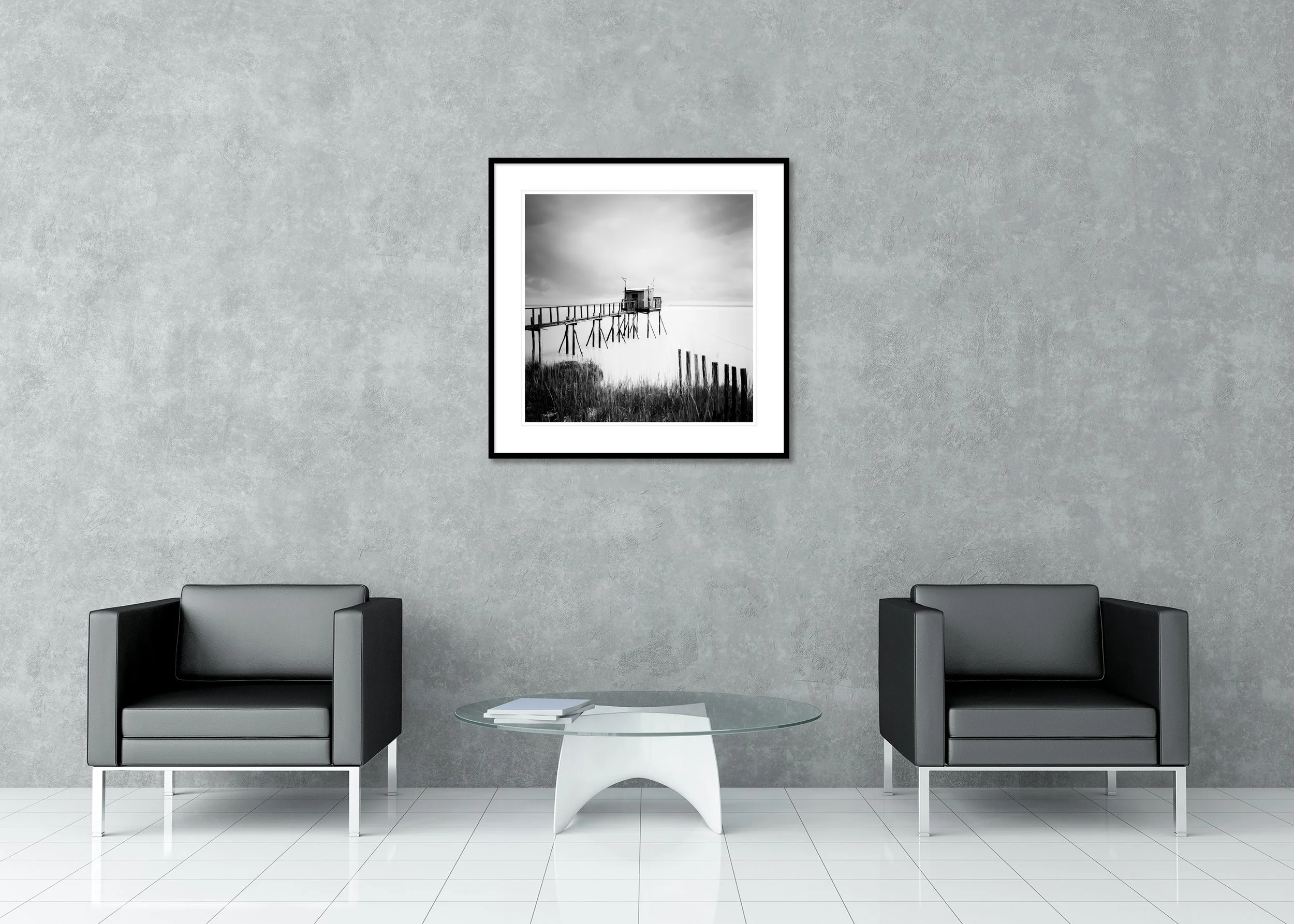 Stilt House no. 80915 displayed in a modern interior as an archival pigment print in a black aluminium frame with white mount by Gerald Berghammer.