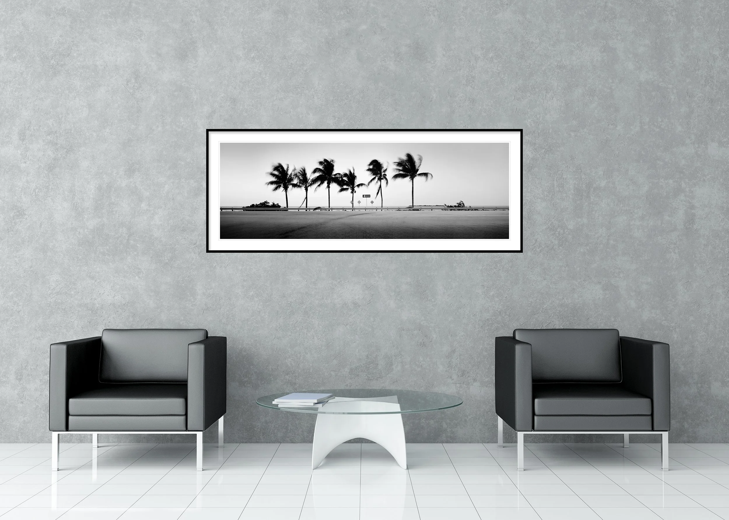 One Way Panorama Study 1 displayed in a modern interior as an archival pigment print in a black aluminium frame with white mount by Gerald Berghammer.