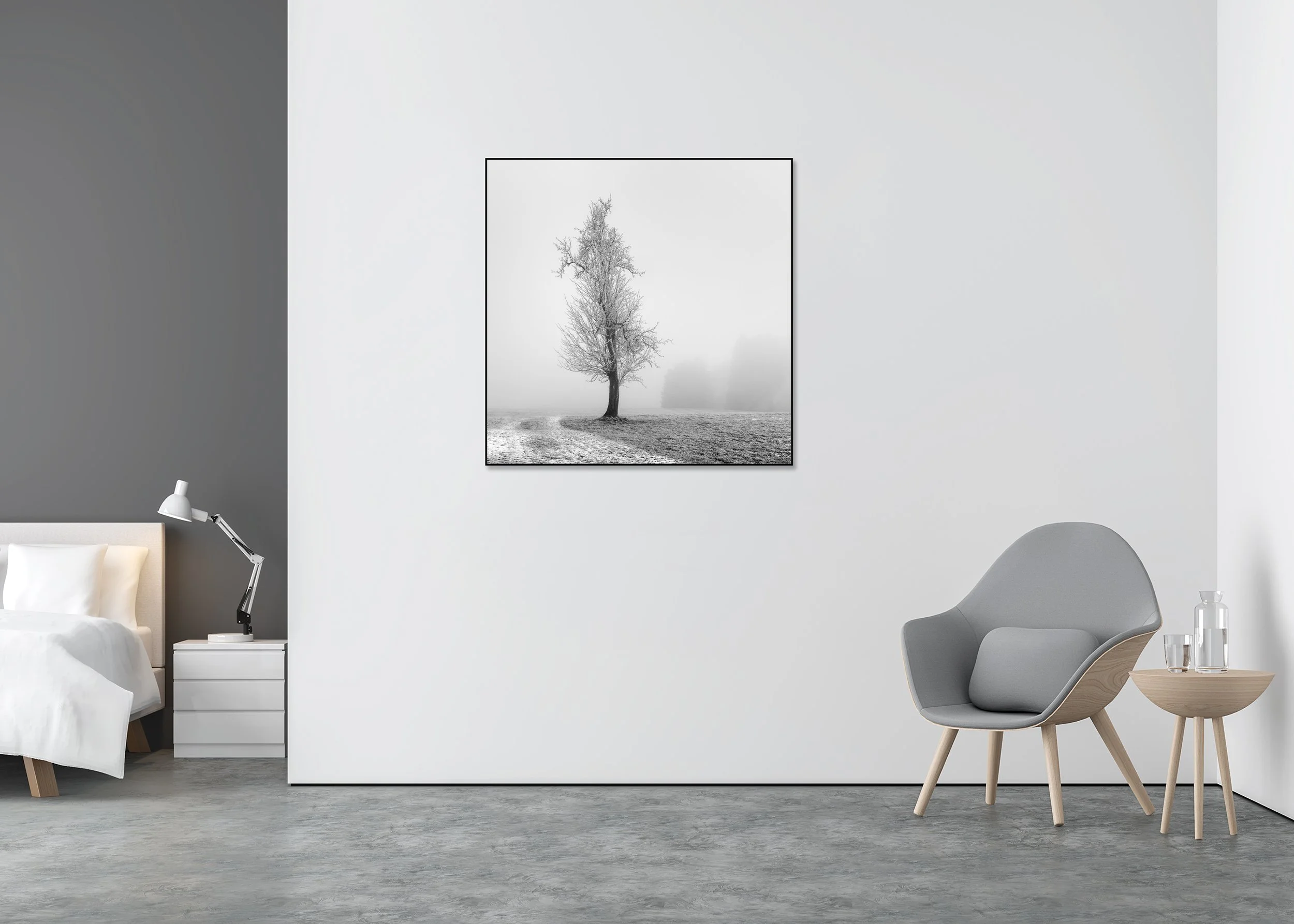 Frozen Farmland Study 1 displayed in a modern interior, mounted on aluminium Dibond in a black ArtBox frame by Gerald Berghammer.