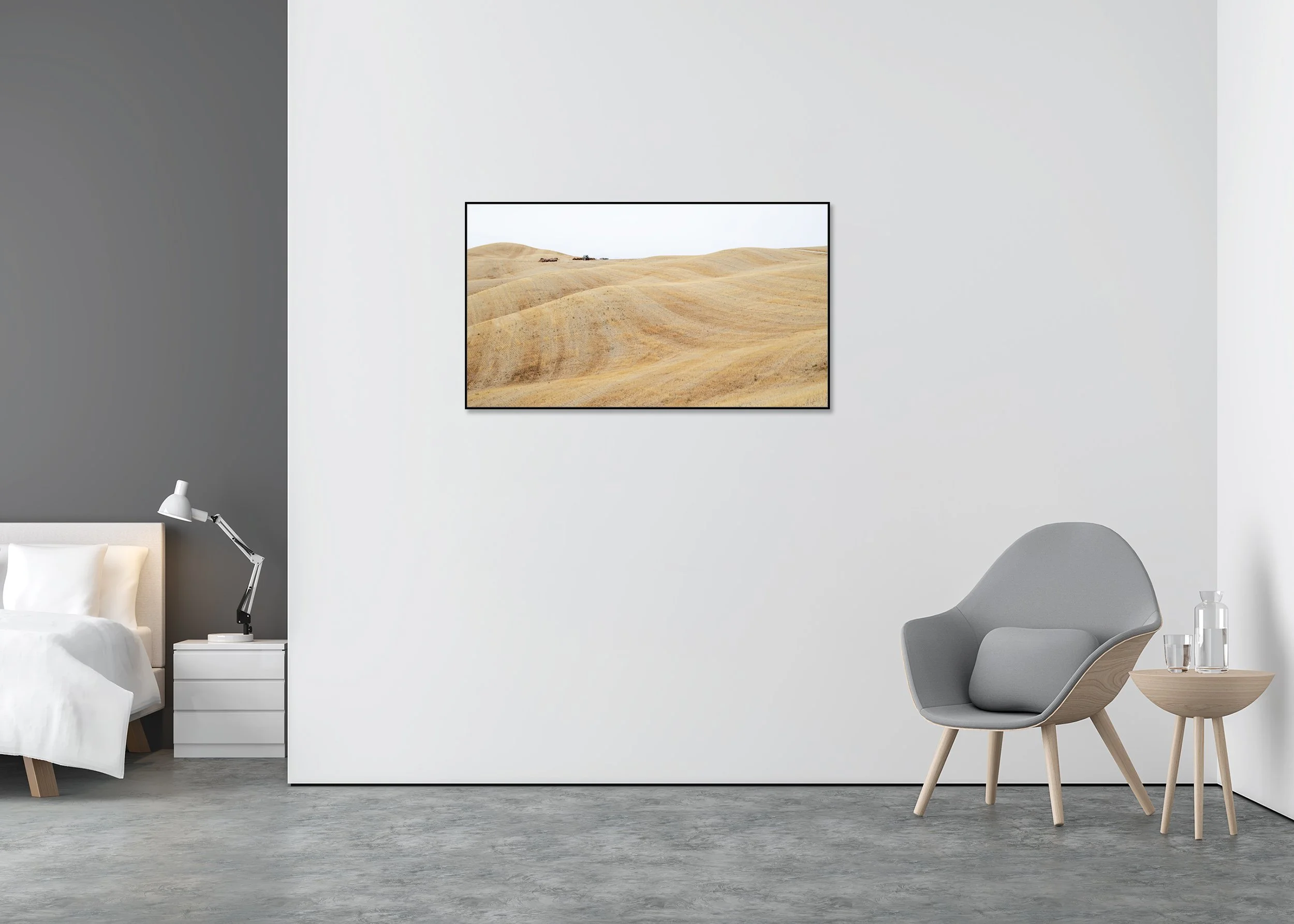 Rolling Hills Study 1 displayed in a modern interior as an archival pigment print in an aluminium frame with white mount by Gerald Berghammer.