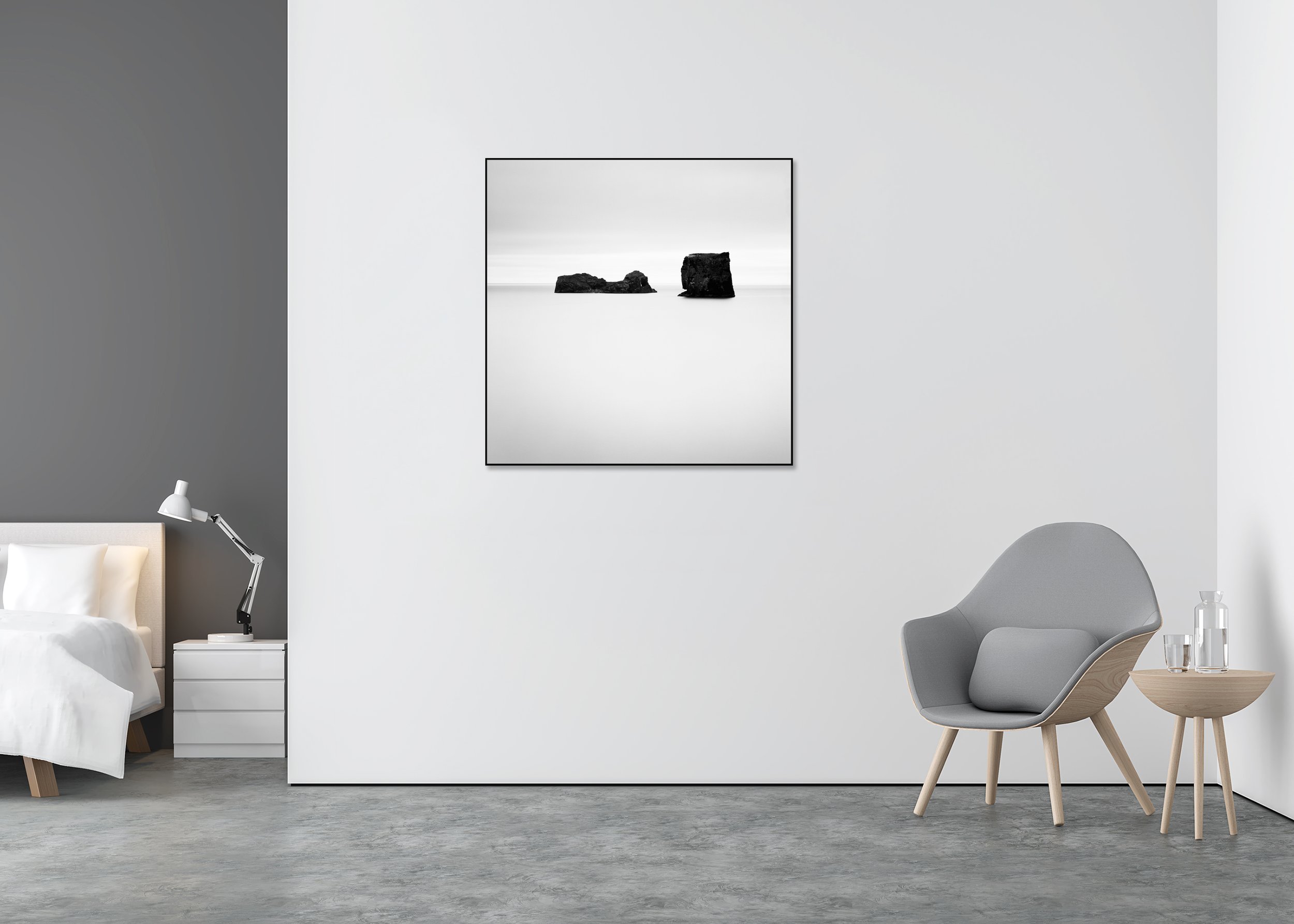 Black Rocks Study 1 – Iceland, black-and-white photograph on Dibond in an aluminium ArtBox displayed in a minimalist interior. Photo by Gerald Berghammer.