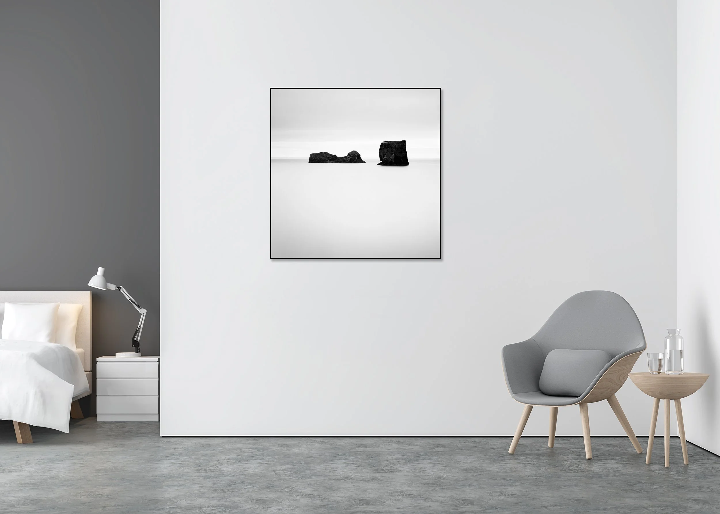 Black-and-white minimalist seascape photo print with two dark rock formations in calm long-exposure ocean, mounted to Dibond in an aluminium ArtBox.