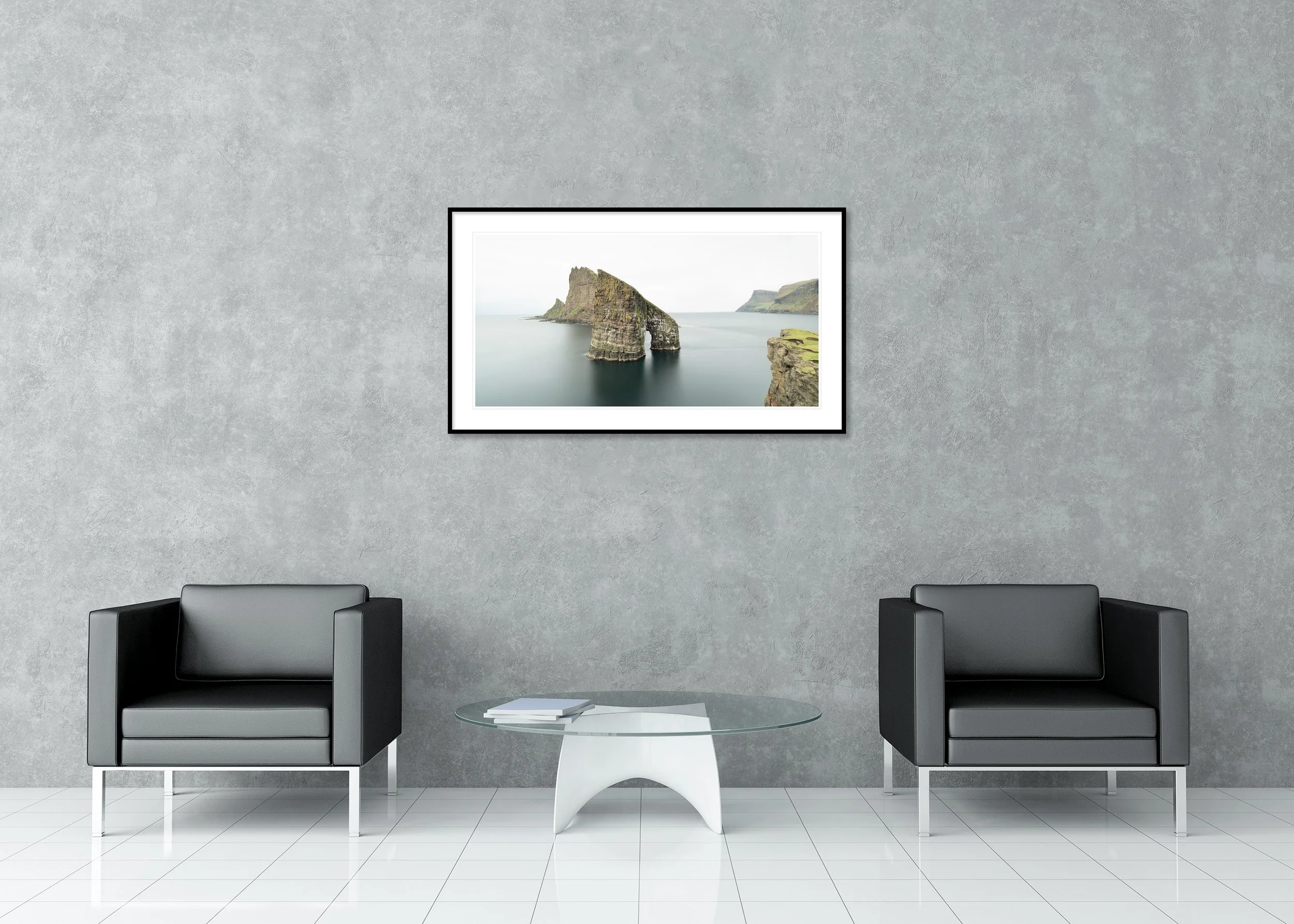 Drangarnir, Panorama Study 1 – colour archival pigment print in an aluminium frame with a white mount displayed in a modern interior.