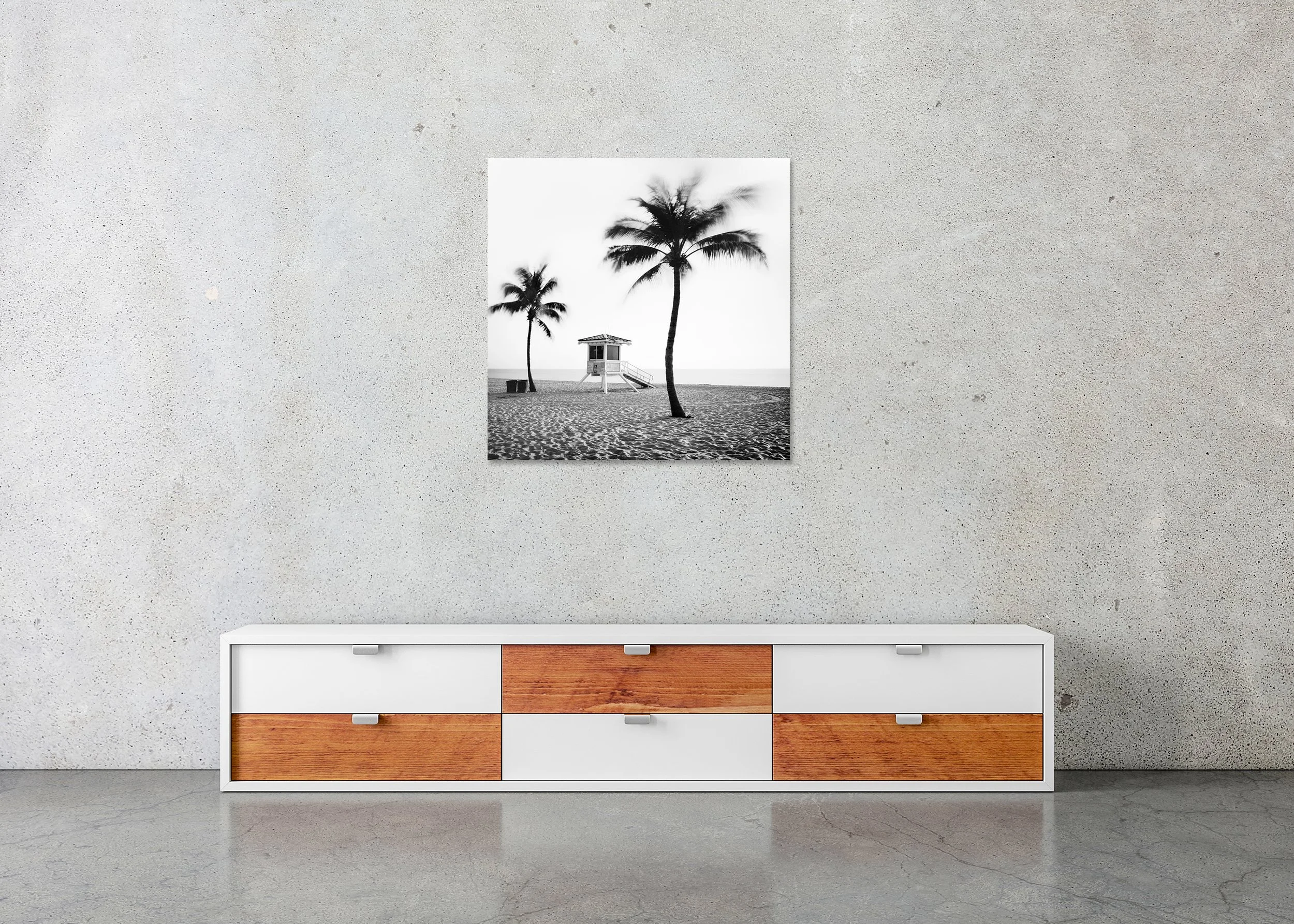 Fort Lauderdale Beach, Study 4 by Gerald Berghammer as a frameless black-and-white Dibond print displayed above a low cabinet.