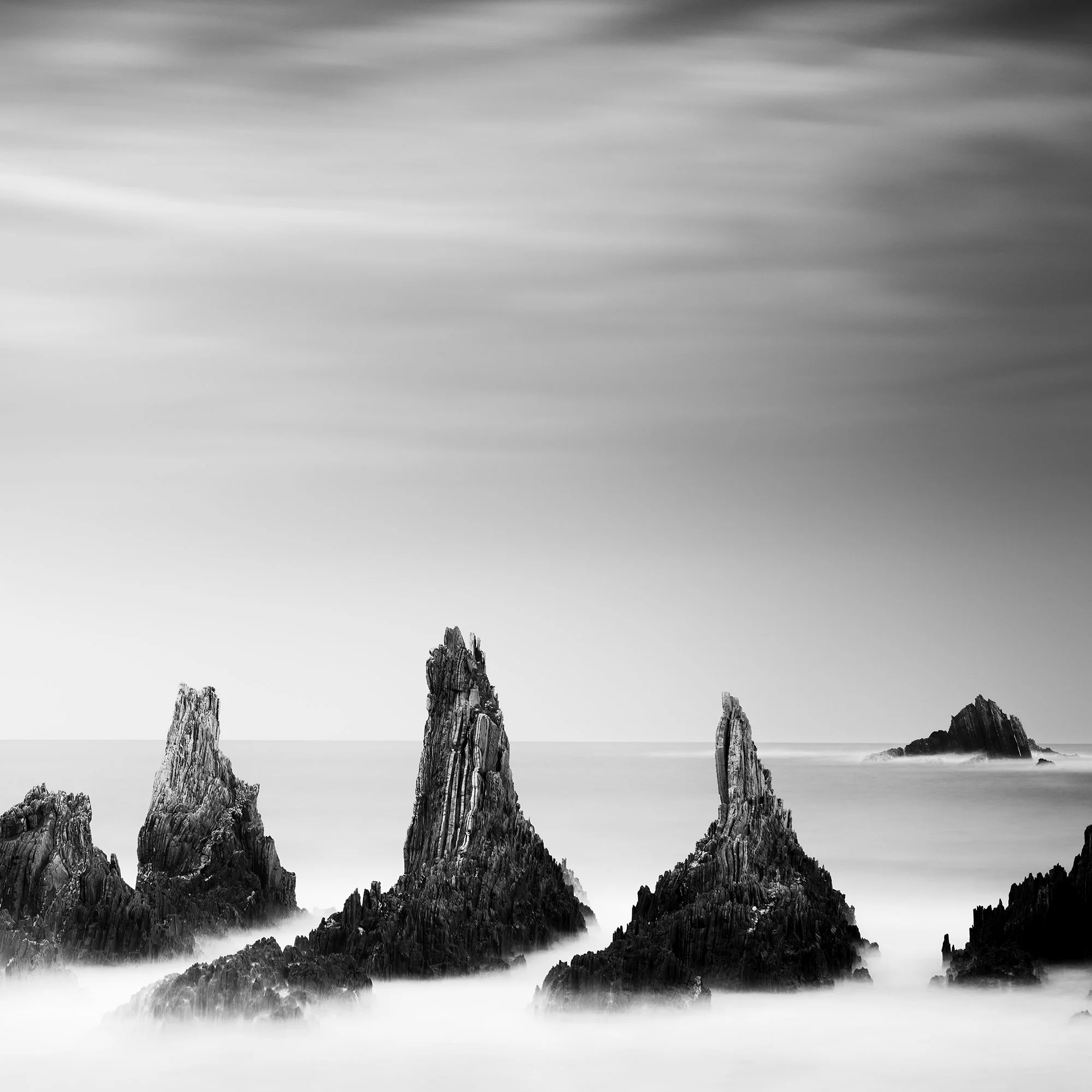 Detail of Rocky Peaks Study 4 – Spain showing central rock peaks beneath dramatic clouds