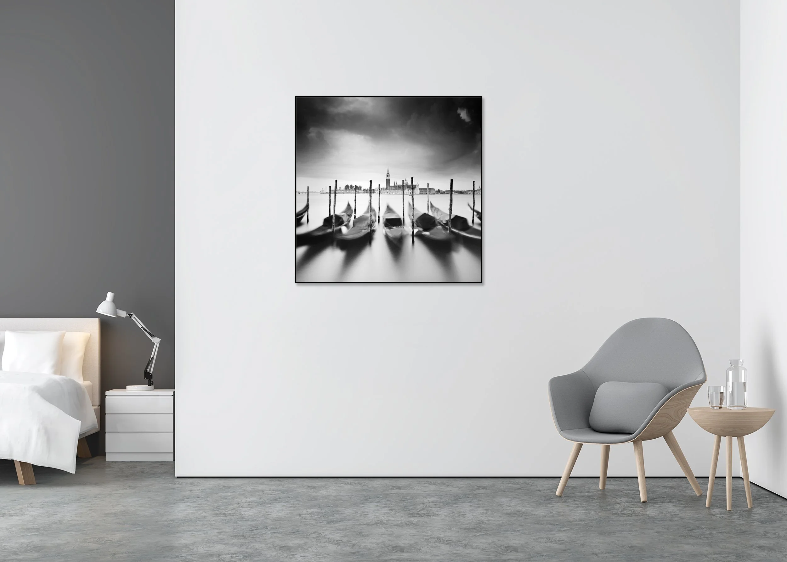 Basilica di San Giorgio Maggiore Study 1 displayed in a modern interior as a black-and-white Dibond print in a black aluminium ArtBox frame by Gerald Berghammer.
