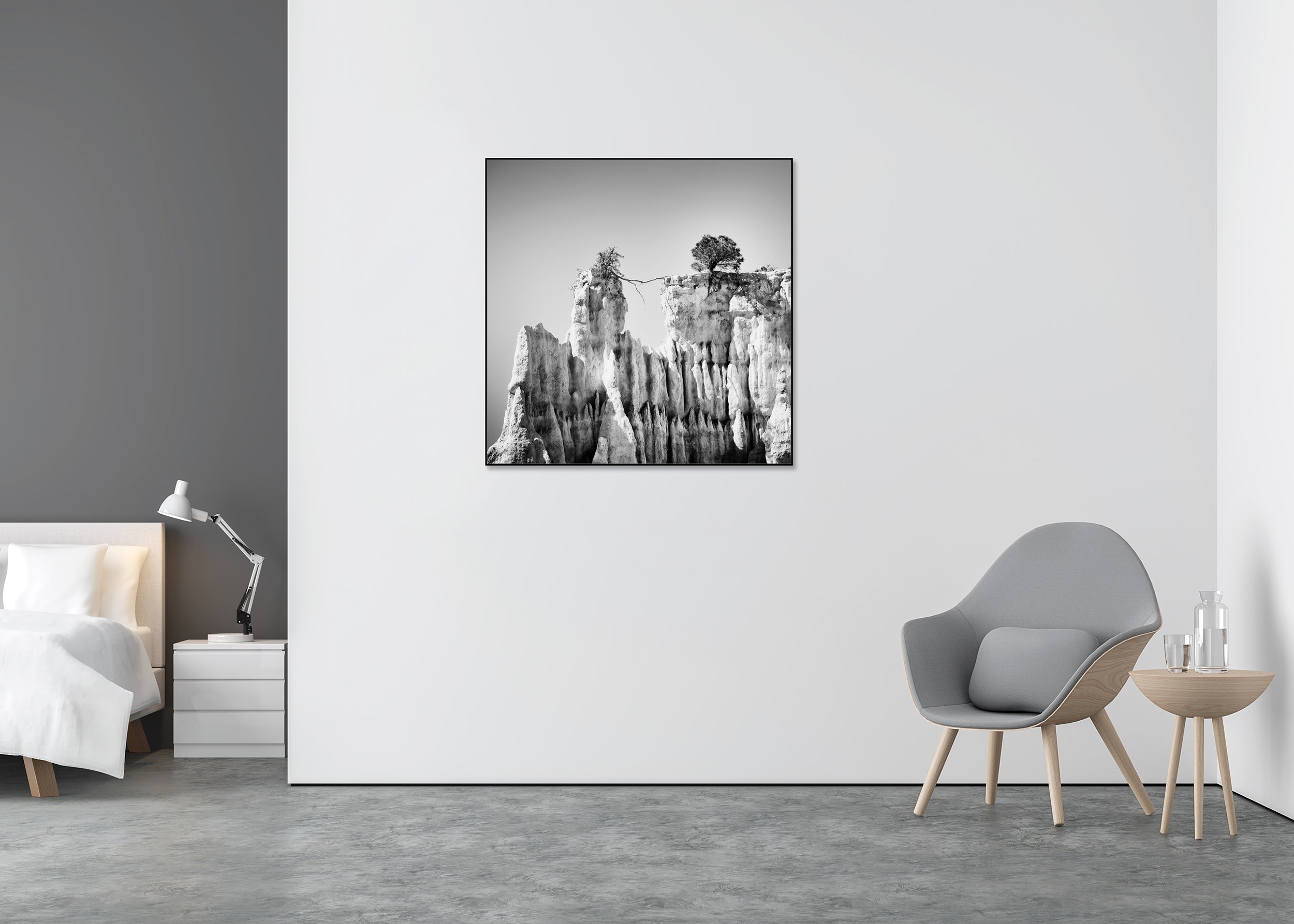Black-and-white minimalist landscape photograph of two trees on a rugged cliff, one leaning over the edge, on a ChromaLuxe metal print, Aluminium ArtBox.
