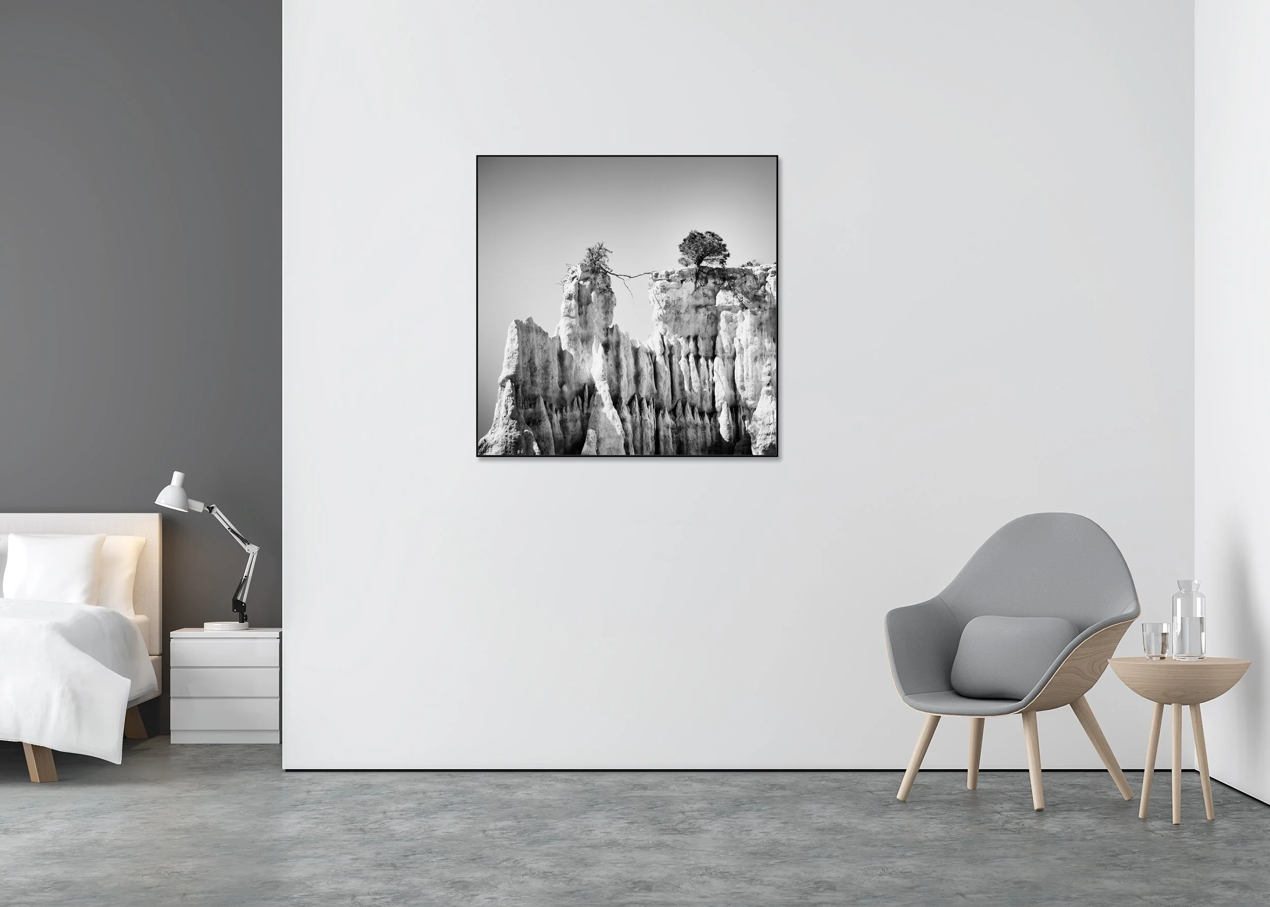 Black-and-white minimalist landscape photo of two trees on a rugged cliff, one leaning over the edge, mounted to Dibond in an aluminium ArtBox.