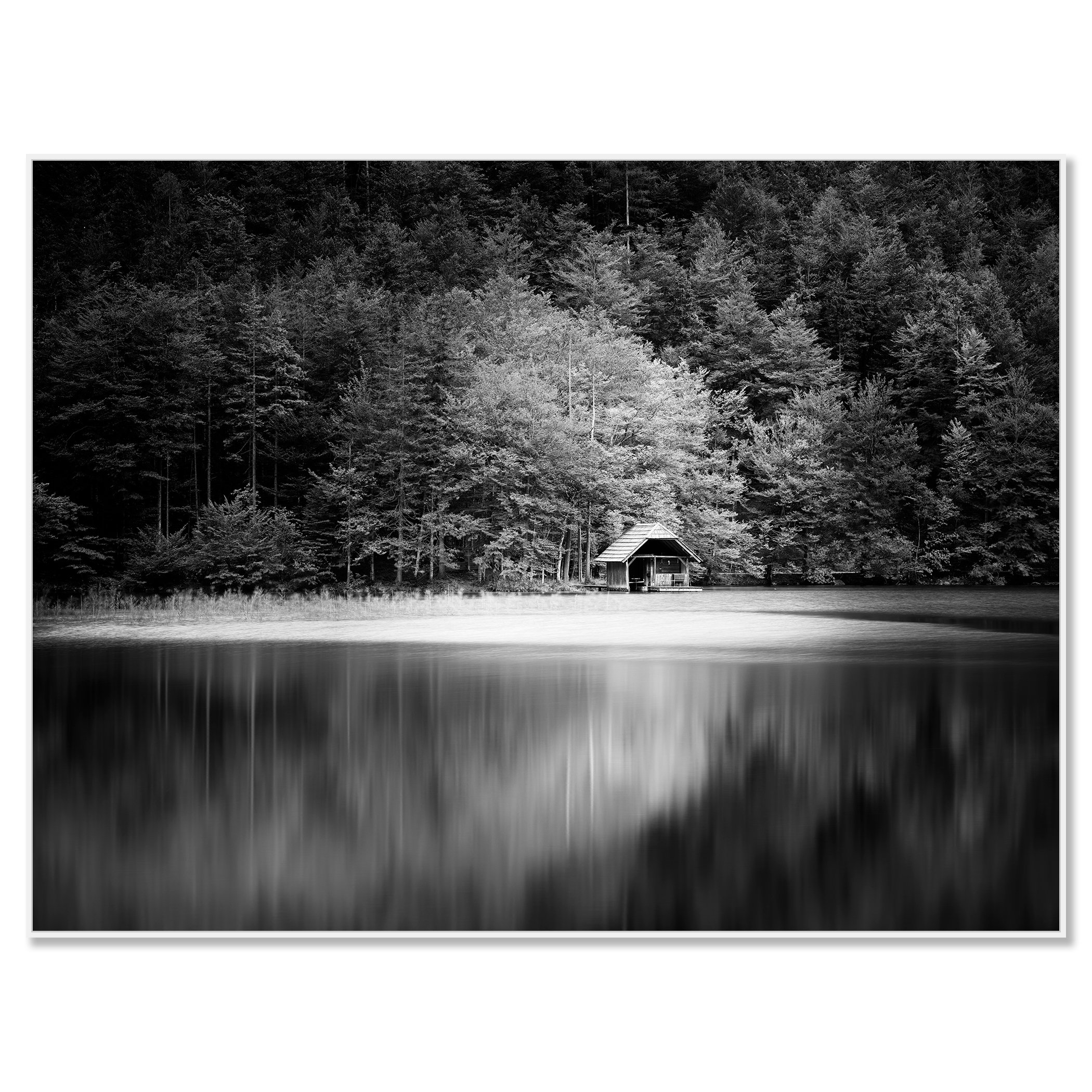Wooden Boathouse, Study 1 – black-and-white Dibond print in a white aluminium ArtBox frame.