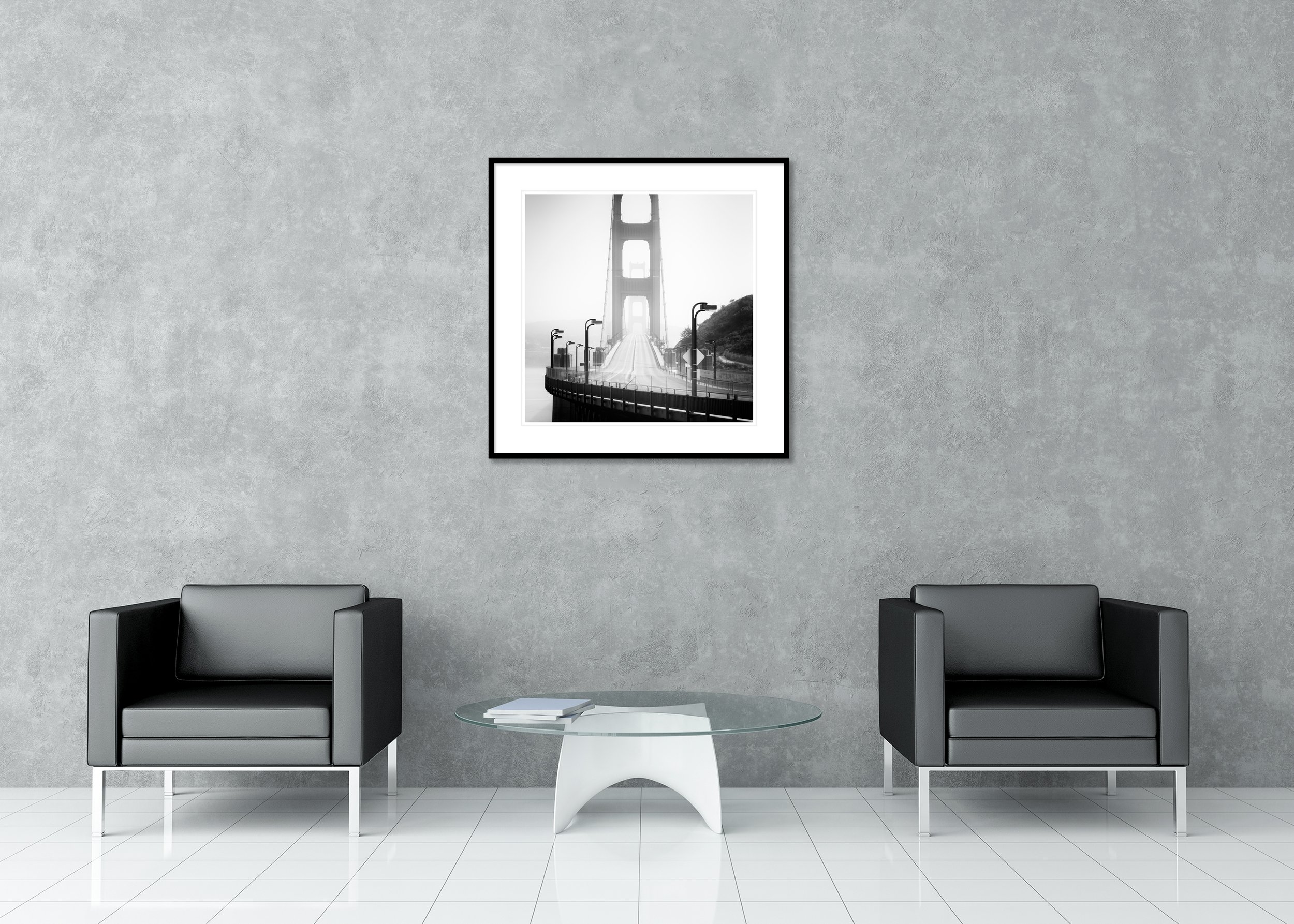 Golden Gate Bridge Study 7 displayed in a modern interior as an archival pigment print in a black aluminium frame with white mount by Gerald Berghammer.