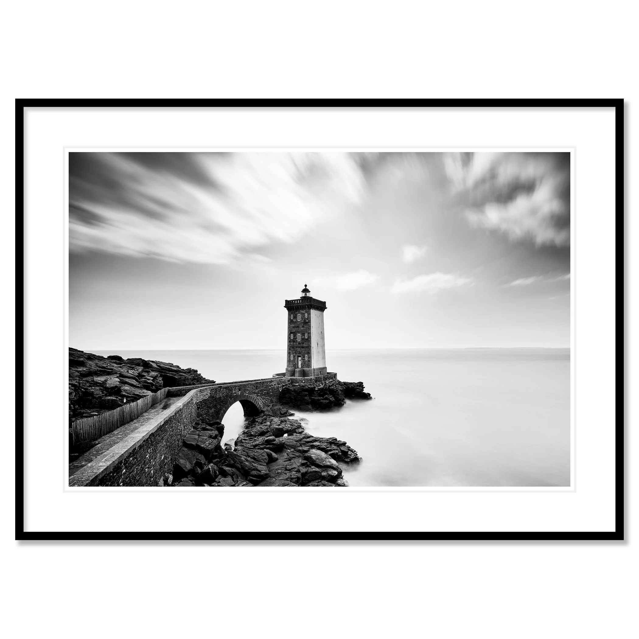 Lighthouse of Kermorvan by Gerald Berghammer, black-and-white fine art print in a black aluminium frame with white mount.