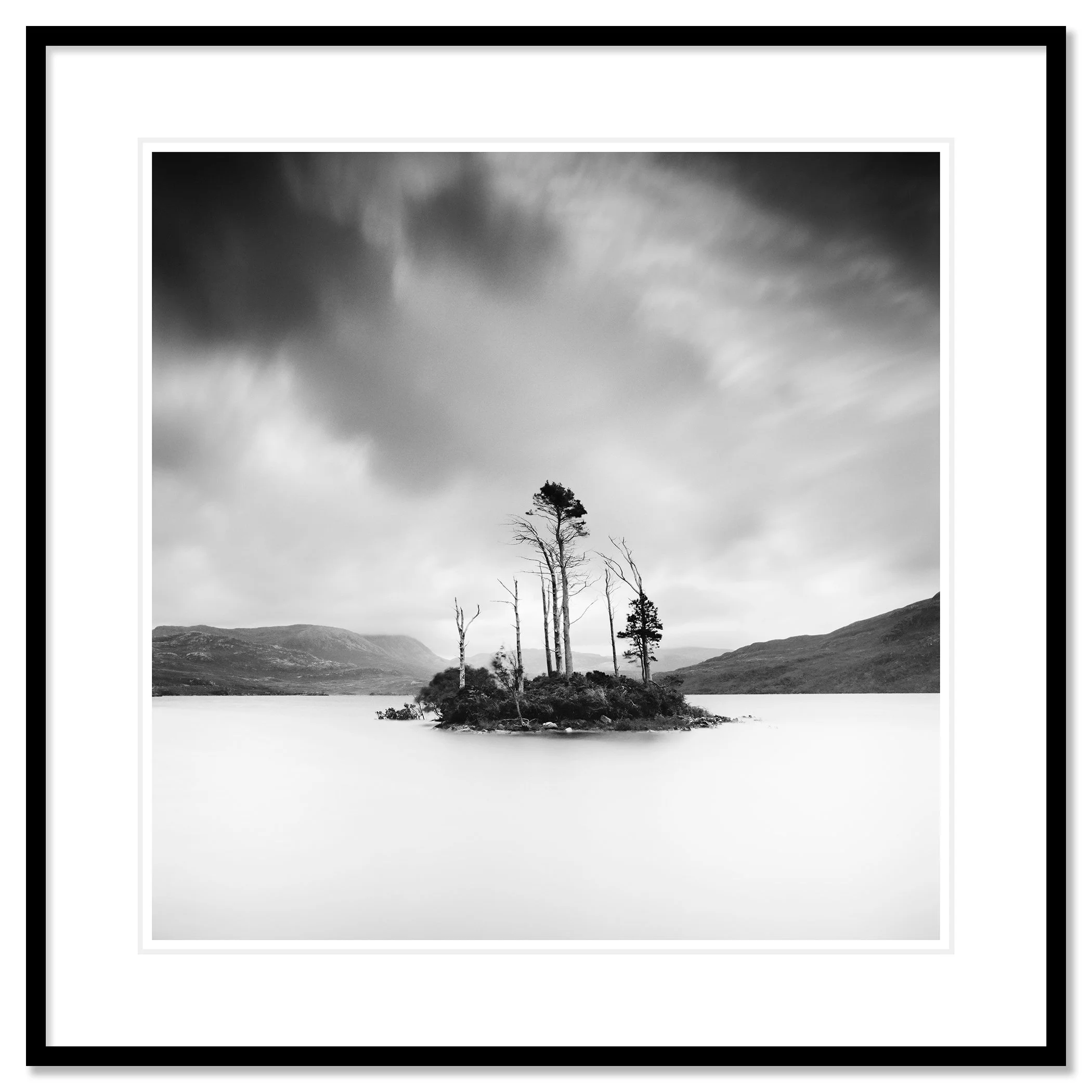 Drowned Island Study 1 shown in a black aluminium frame with a white mount by Gerald Berghammer.