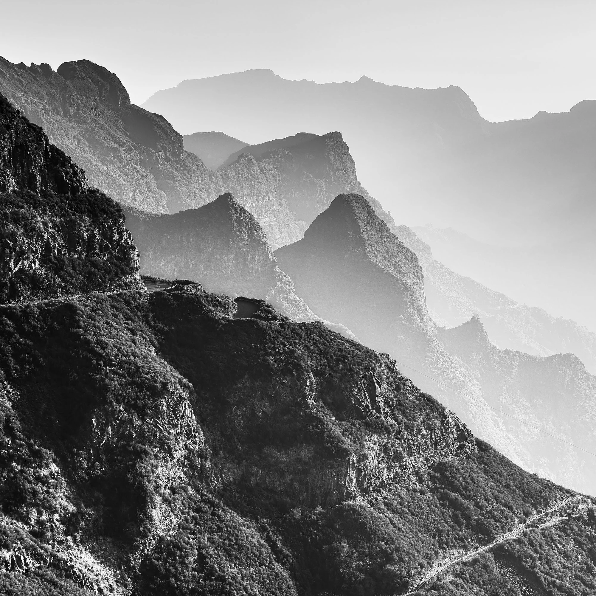 Detail view of Morning Light in the Mountains Study 3 by Gerald Berghammer showing the tonal detail of the Madeiran mountain landscape.