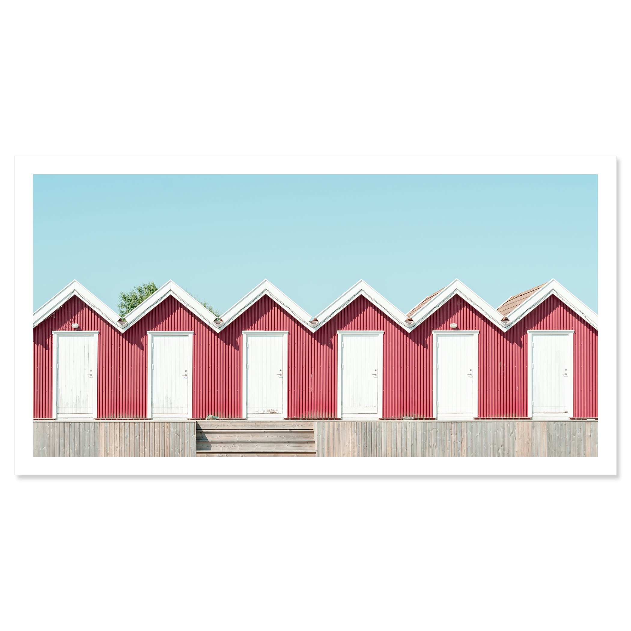 Red Beach Huts Study 1 by Gerald Berghammer presented as a fine art print on paper with a white border.