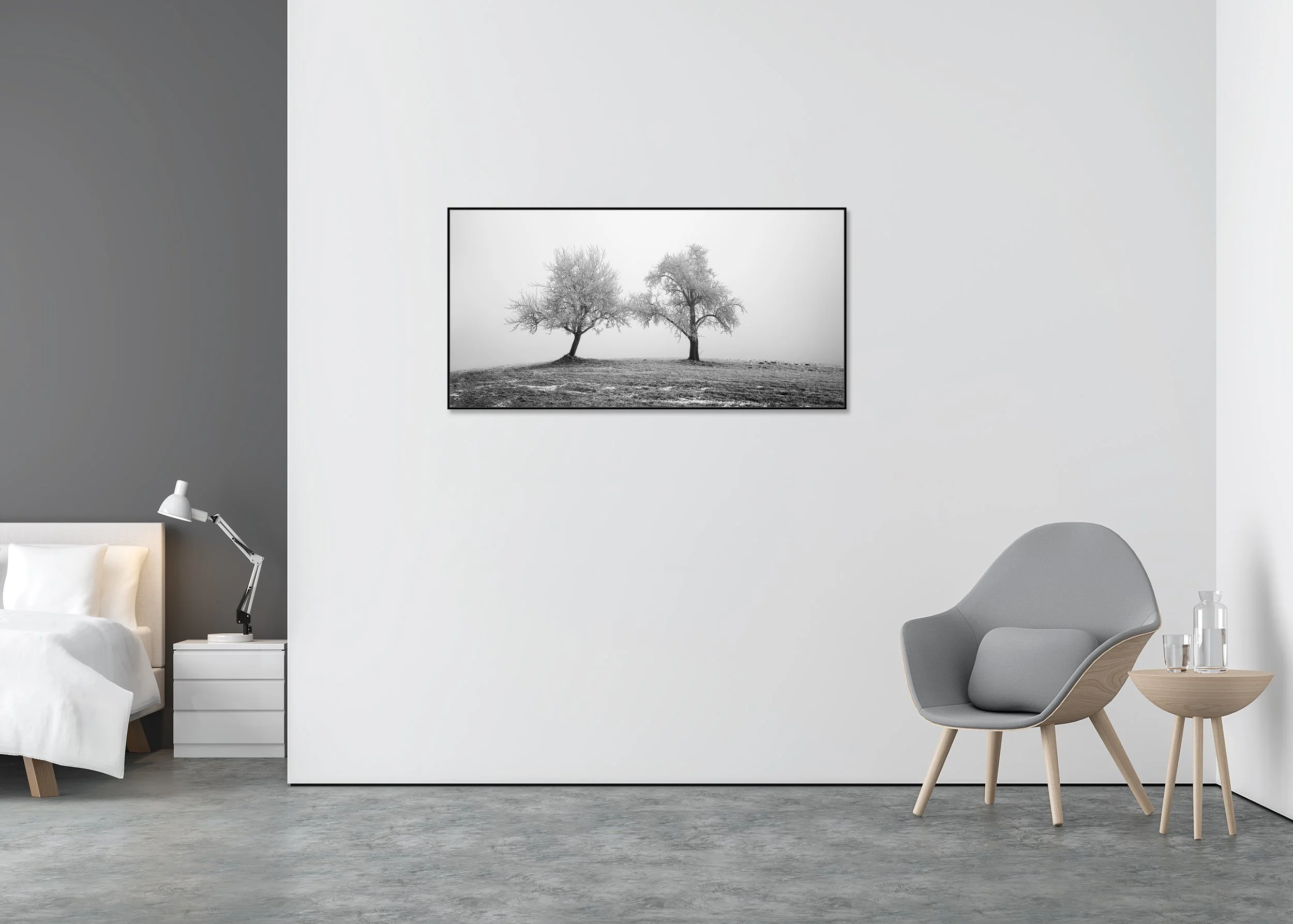Frozen trees in a quiet winter field with misty sky, monochrome landscape photo print mounted to Dibond in an aluminium ArtBox