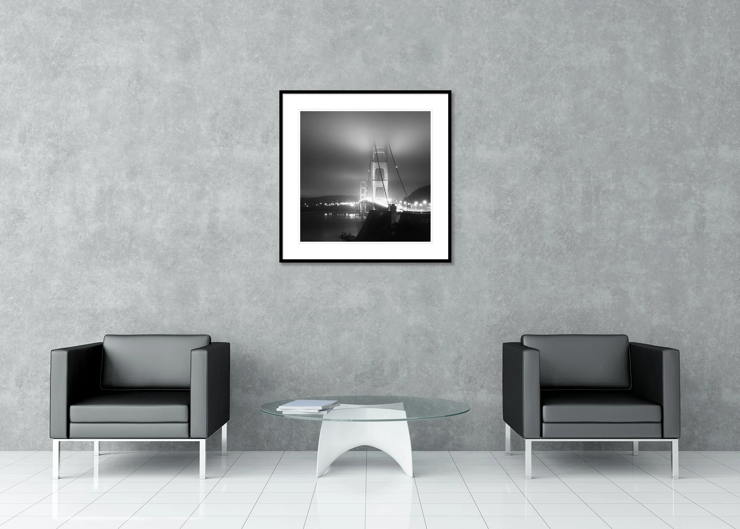 Golden Gate Bridge Study 4 displayed as an archival pigment print in a black aluminium frame with a white mount. Photo by Gerald Berghammer.