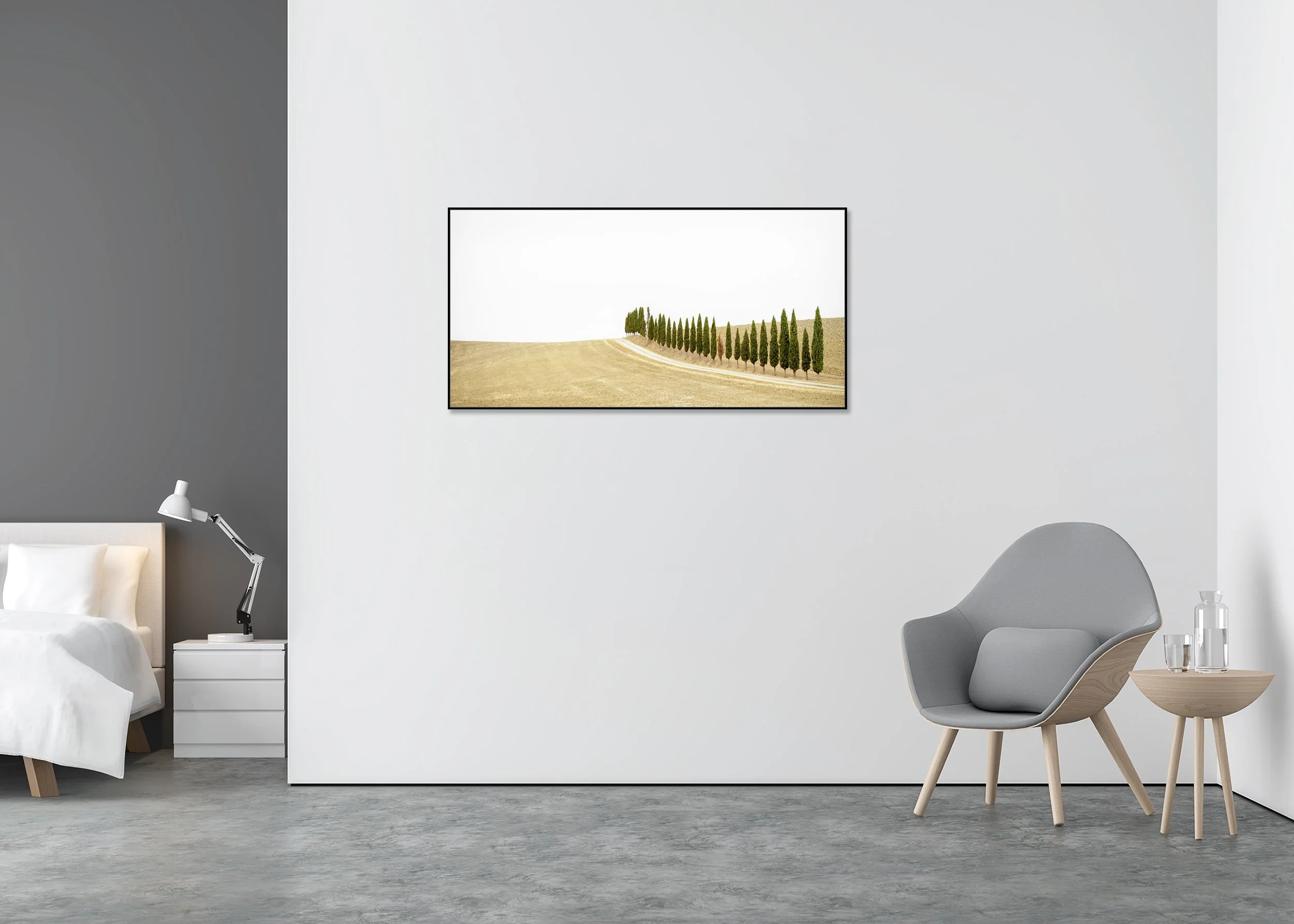 Row of Cypress Trees, Panorama – colour Dibond print in a black aluminium ArtBox displayed in a minimalist bedroom.
