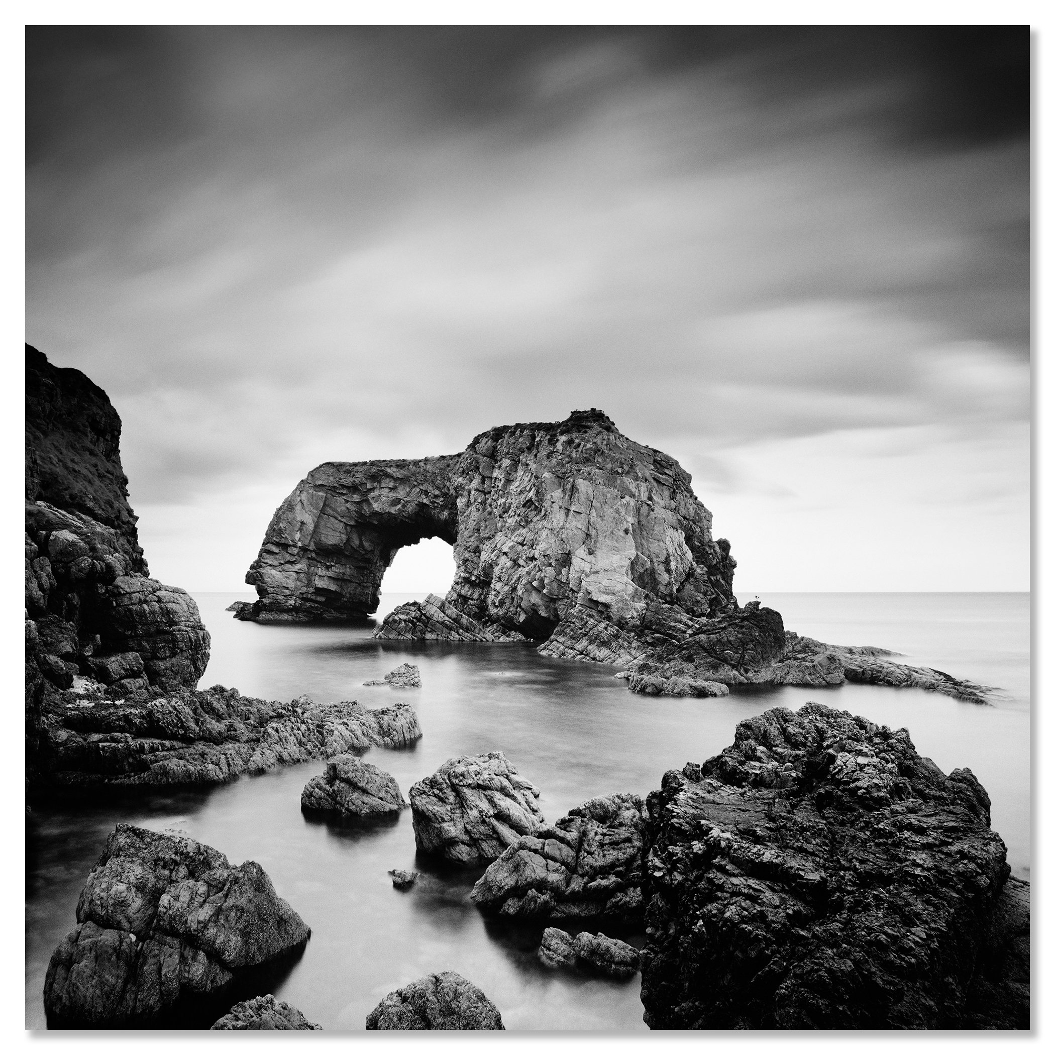 Great Pollet Sea Arch, Ireland, black-and-white photograph mounted frameless on aluminium Dibond