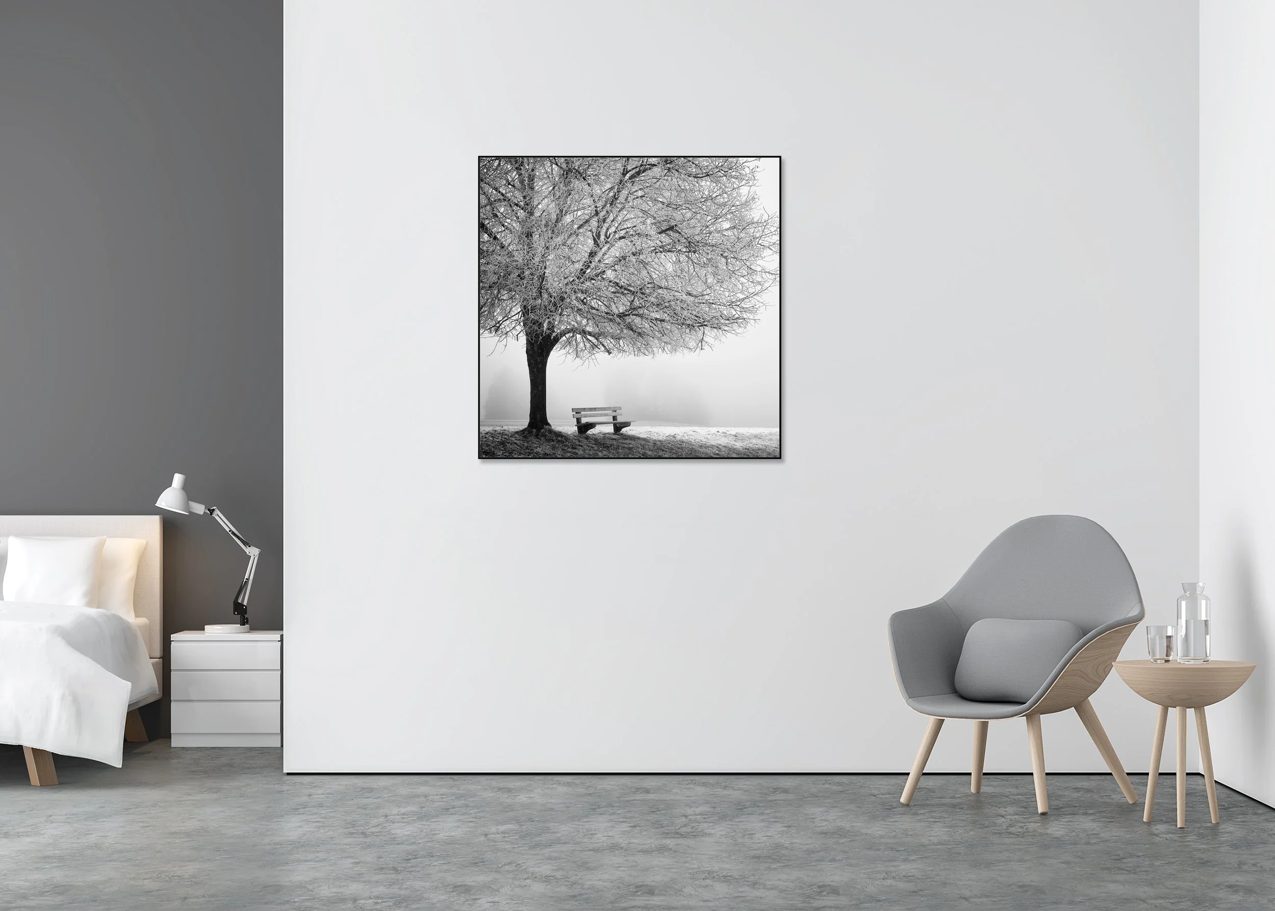 Cold Foggy Winter Morning Study 1 displayed in a modern interior, mounted on aluminium Dibond in a black ArtBox frame by Gerald Berghammer.