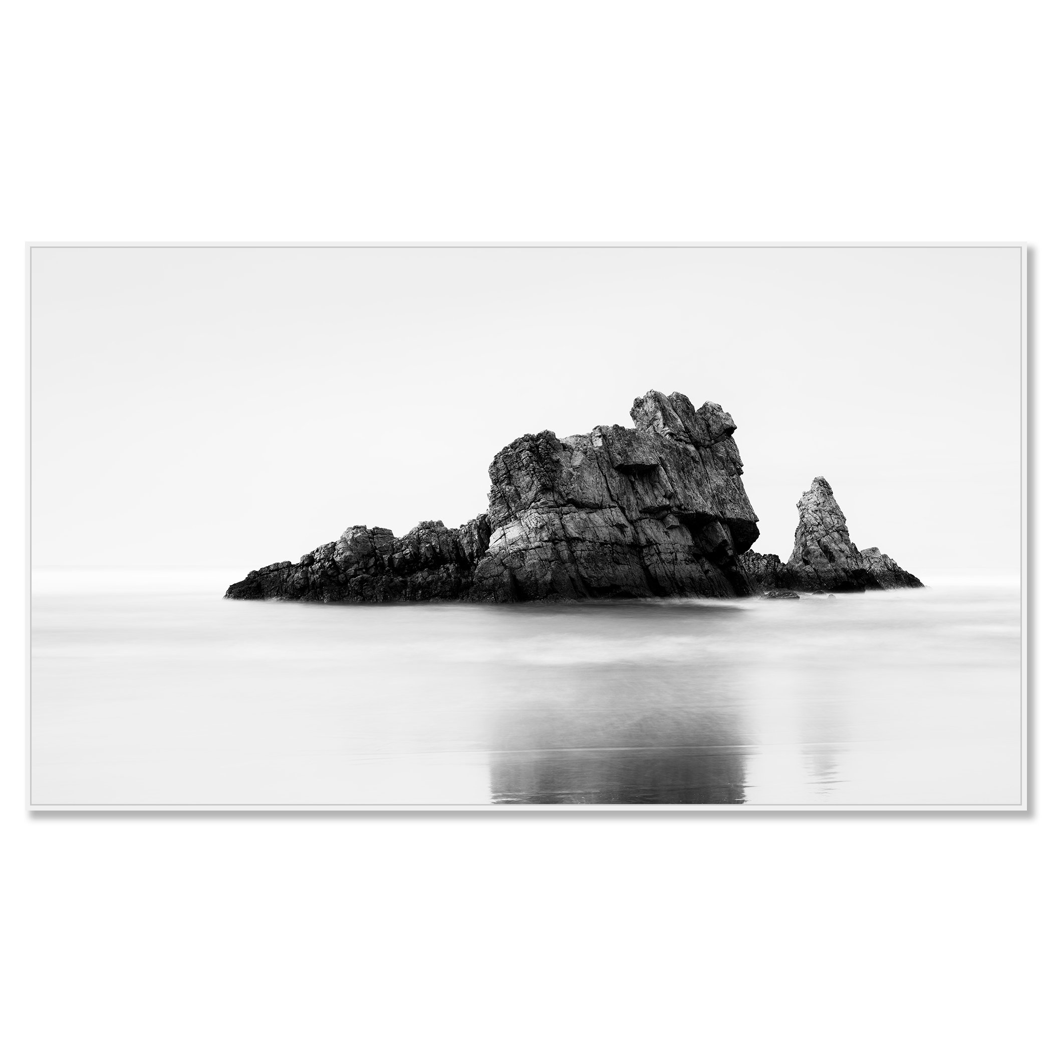 Rock on the Beach Panorama Study 1 on aluminium Dibond in a white ArtBox frame, featuring a rock formation in the Bay of Biscay, Spain.