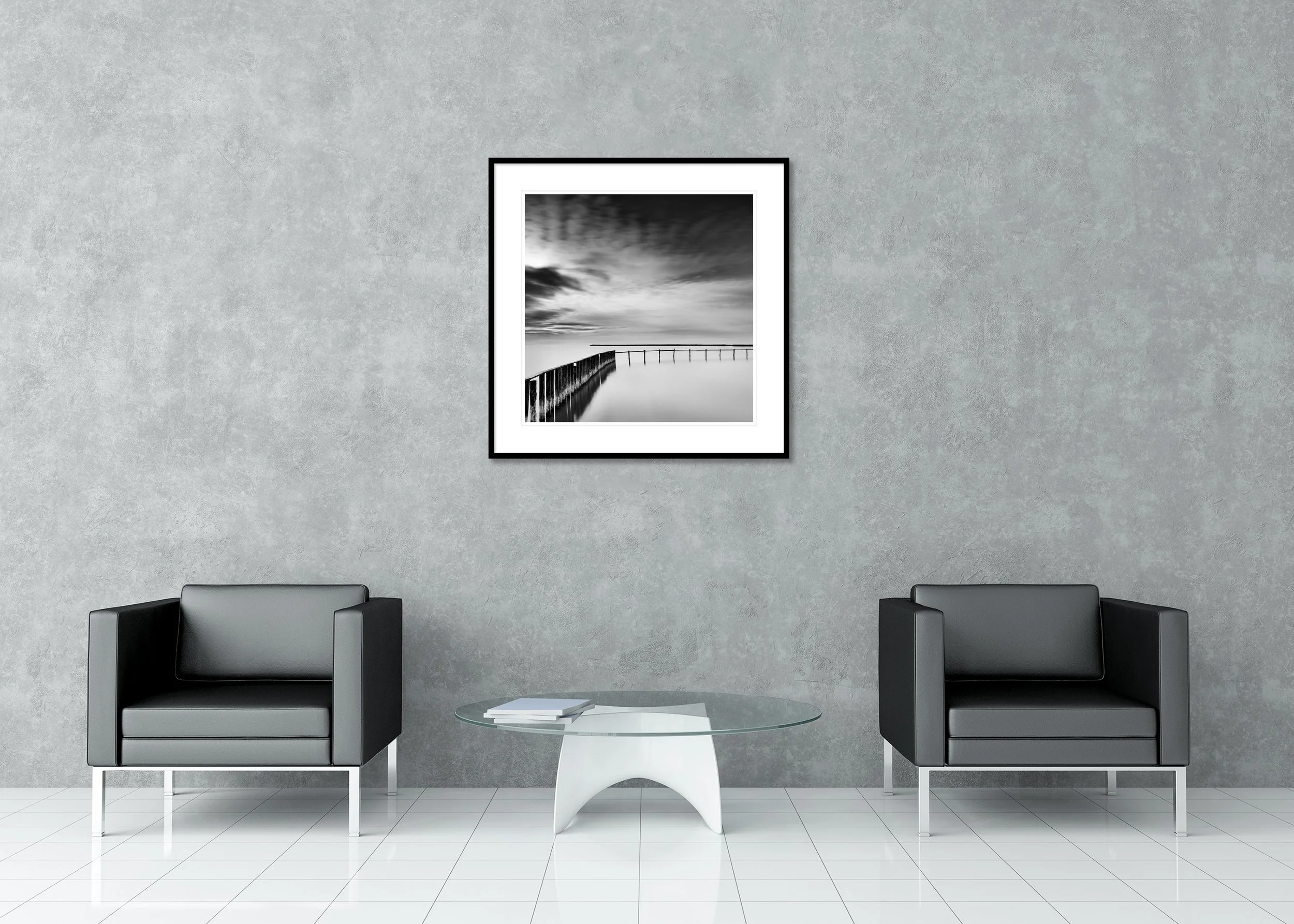 Swimming Area Study 3 displayed in a modern lounge as an archival pigment print in a black aluminium frame with a white mount by Gerald Berghammer.