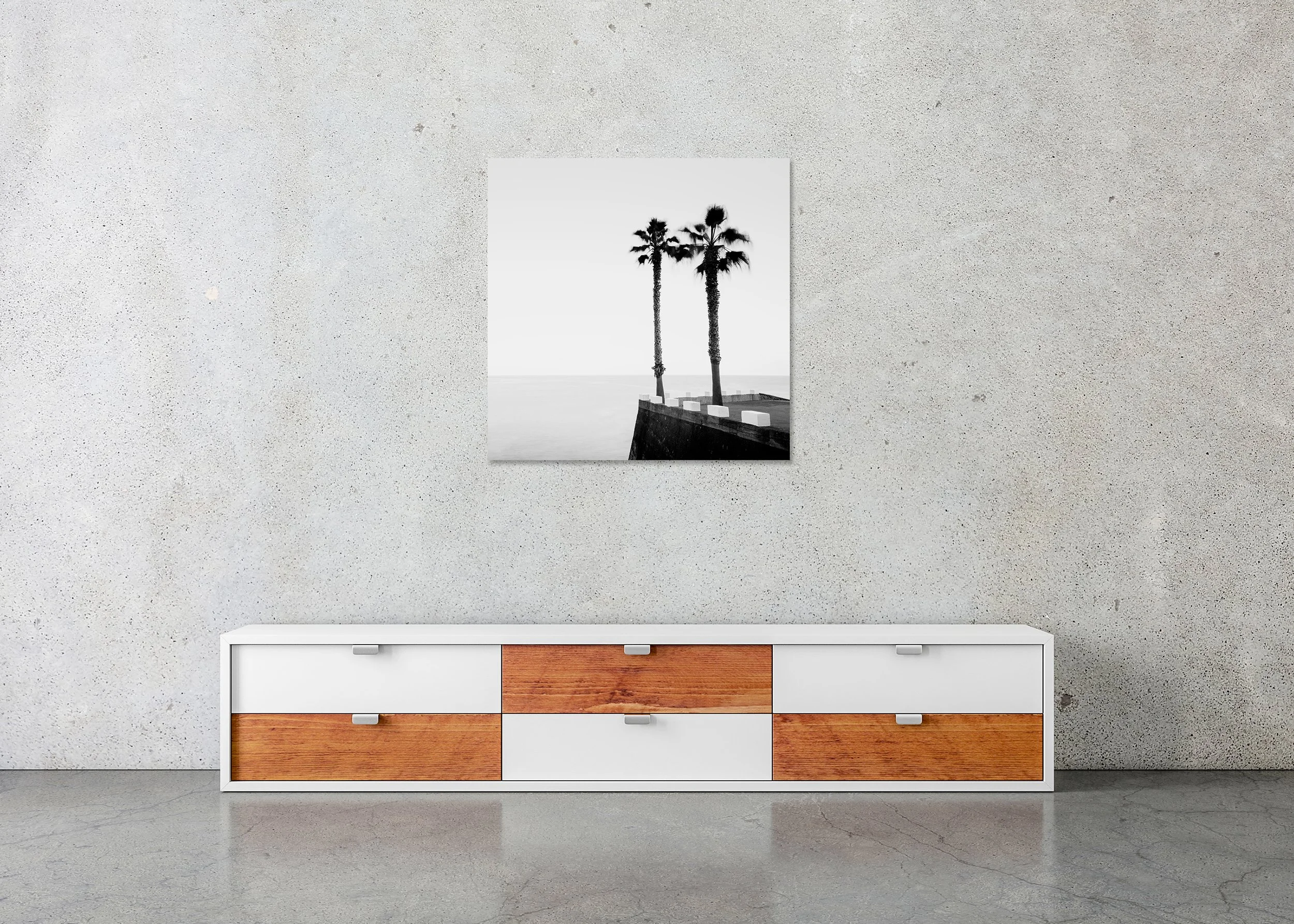 Black and white coastal photo of two tall palm trees by still water and clear sky, photo print mounted to Dibond, frameless