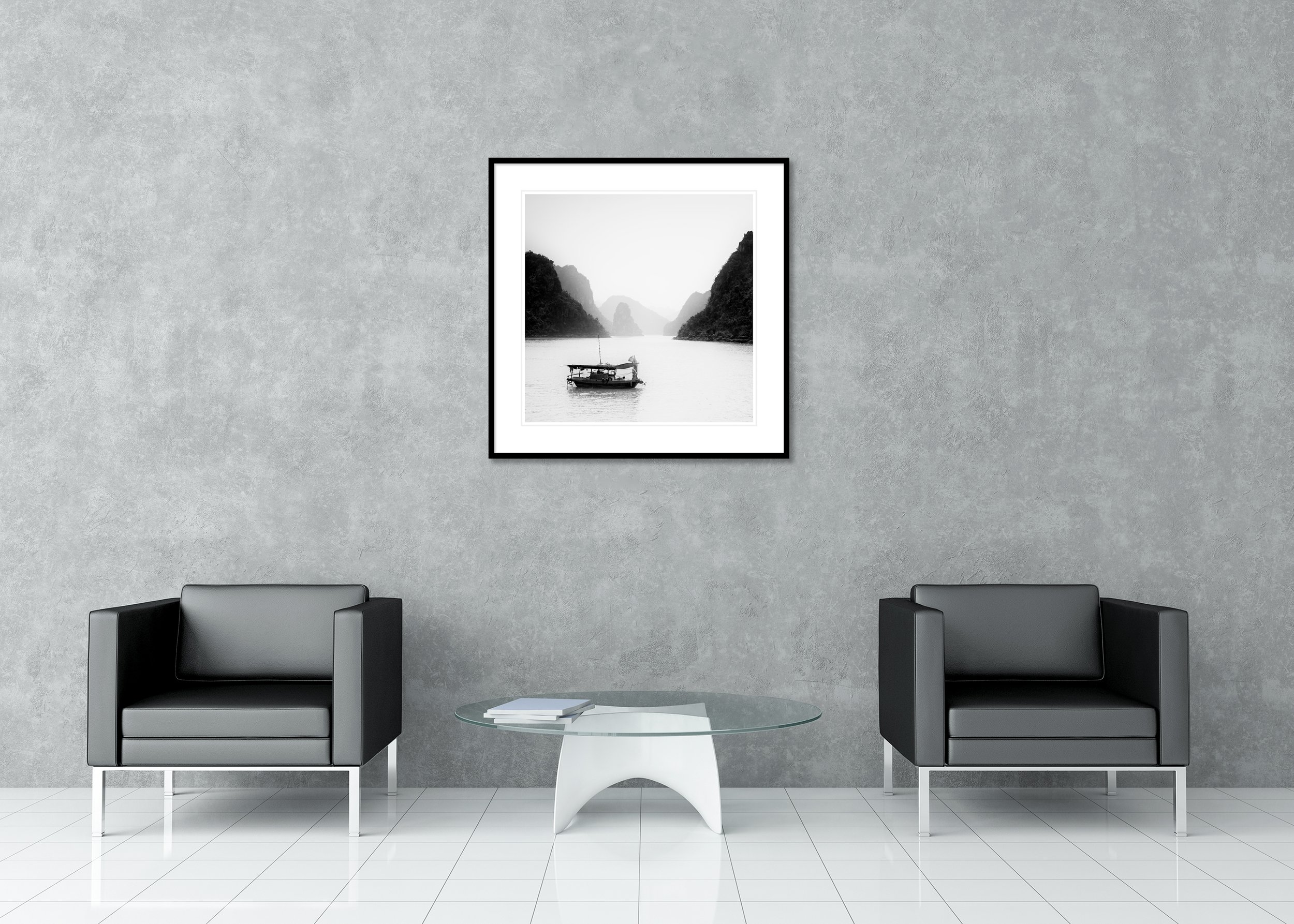 Fishing Boat Study 1 displayed in a modern interior as an archival pigment print in a black aluminium frame with a white mount by Gerald Berghammer.