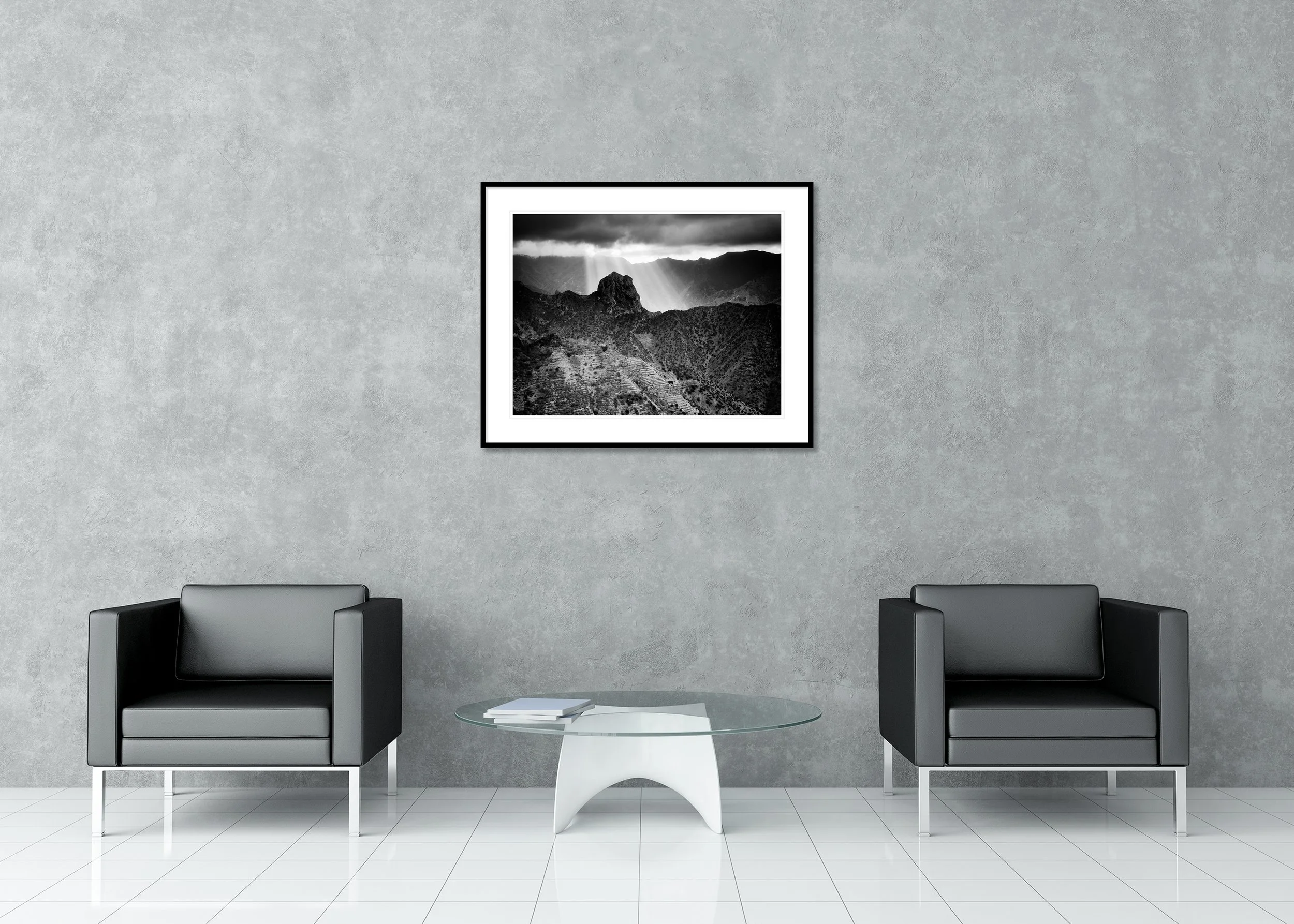 Here Comes the Sun Study 1 displayed in a modern interior as an archival pigment print in a black aluminium frame with a white mount. Photo by Gerald Berghammer.