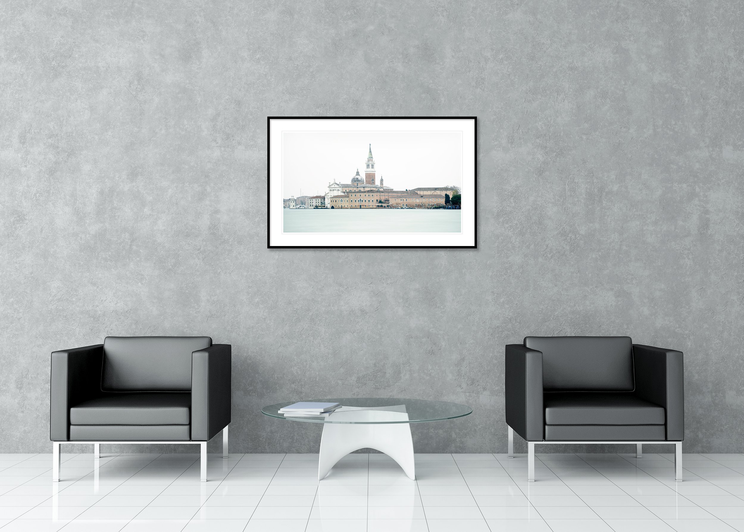 View of Venice, Panorama Study 5 – archival pigment print in an aluminium frame with a white mount displayed in a modern interior. Photo by Gerald Berghammer.