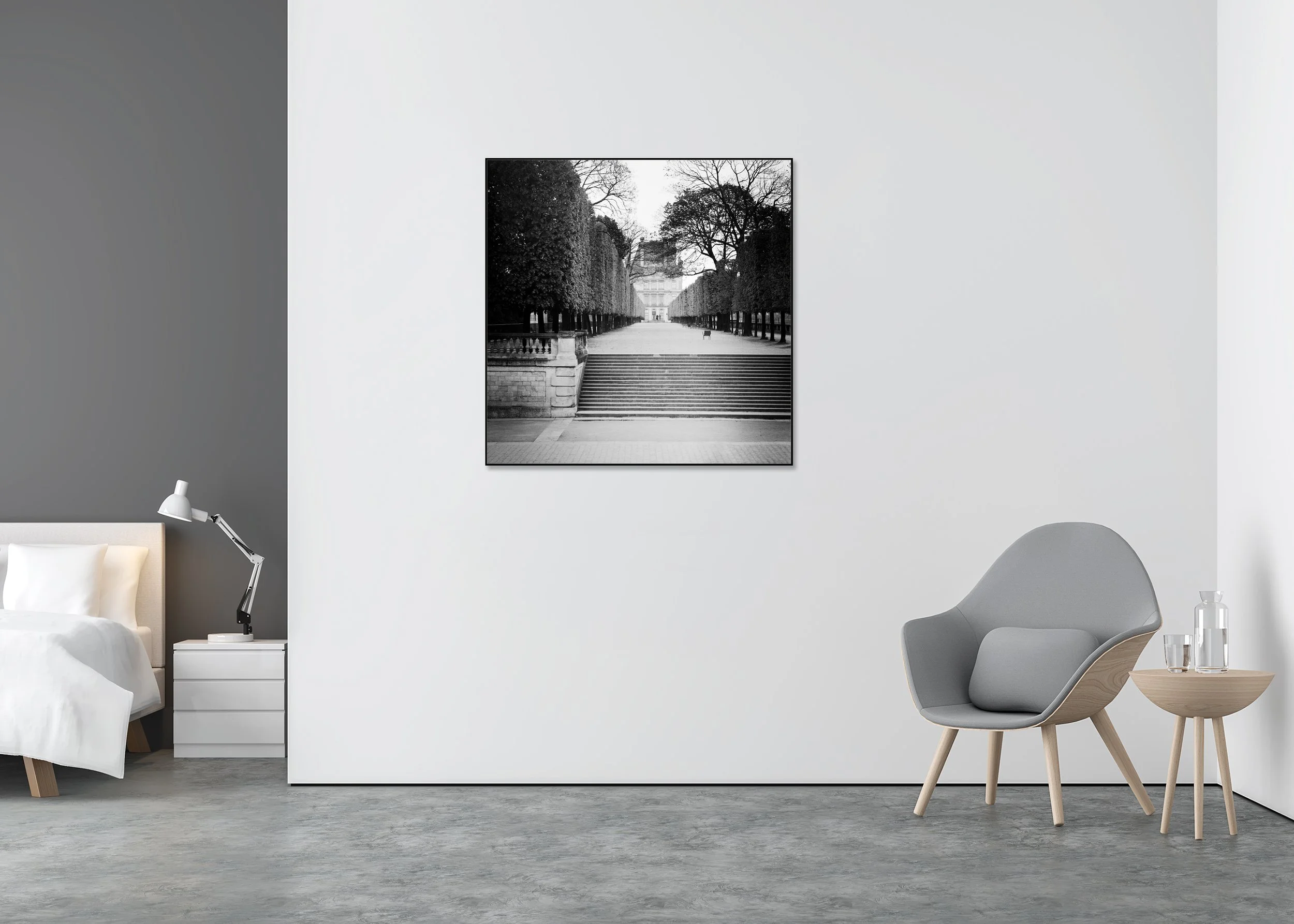 Monochrome print of clipped trees and a wide walkway facing the Pavillon de Flore, Paris, mounted to Dibond in an aluminium ArtBox.