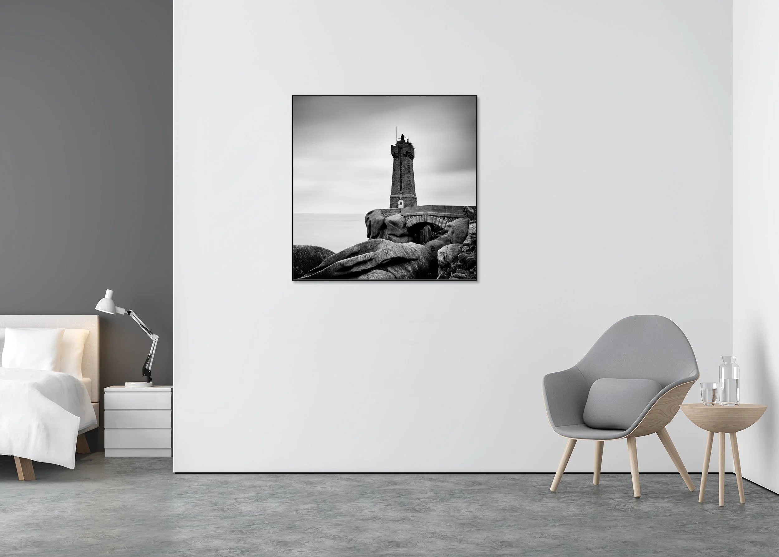 Ploumanac’h Lighthouse – Brittany, black-and-white Dibond print in an aluminium ArtBox displayed in a contemporary interior.