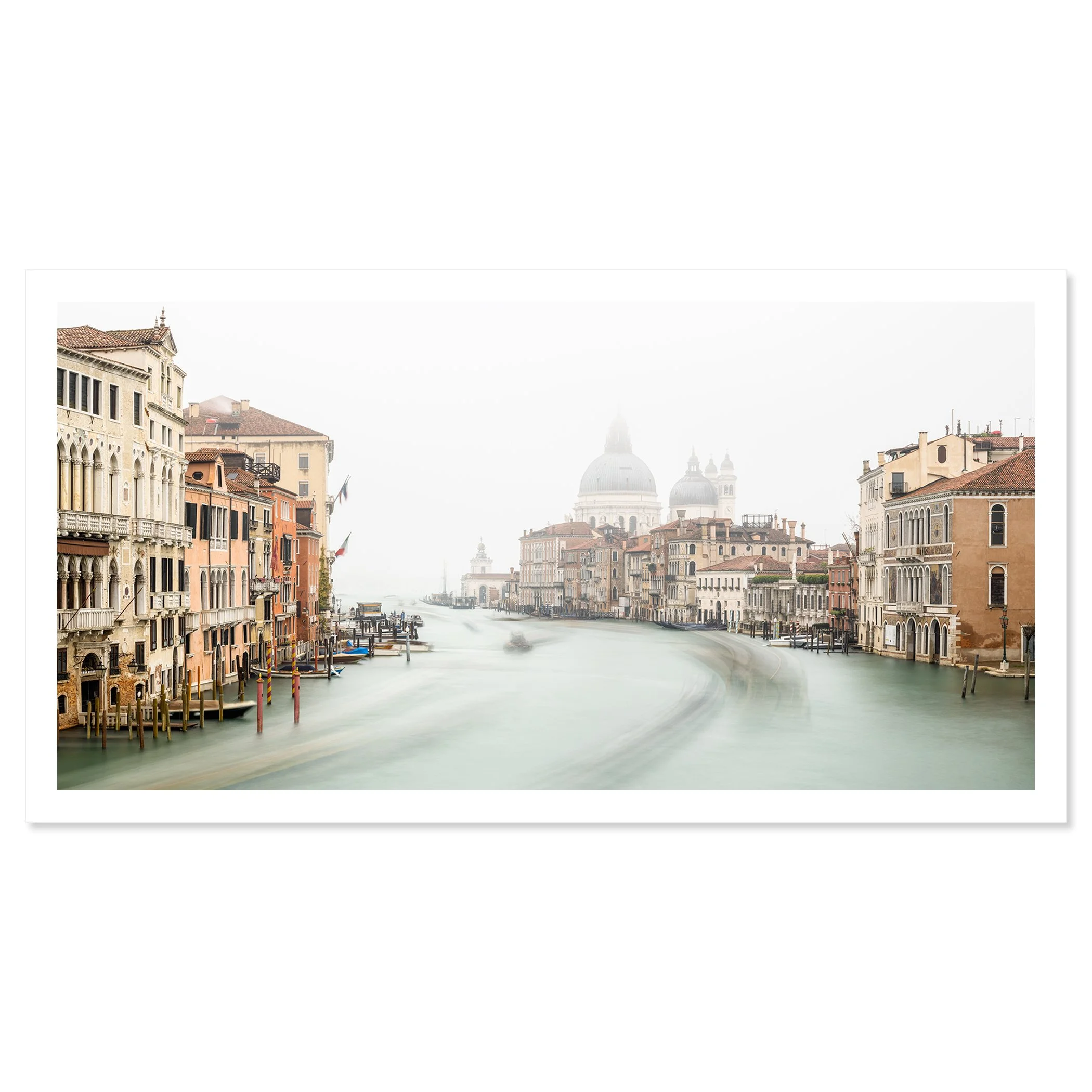 © 2025 Gerald Berghammer - Color cityscape photo. Foggy grand canal with historic buildings on both sides and the domed Basilica di Santa Maria della Salute. Fine art print only