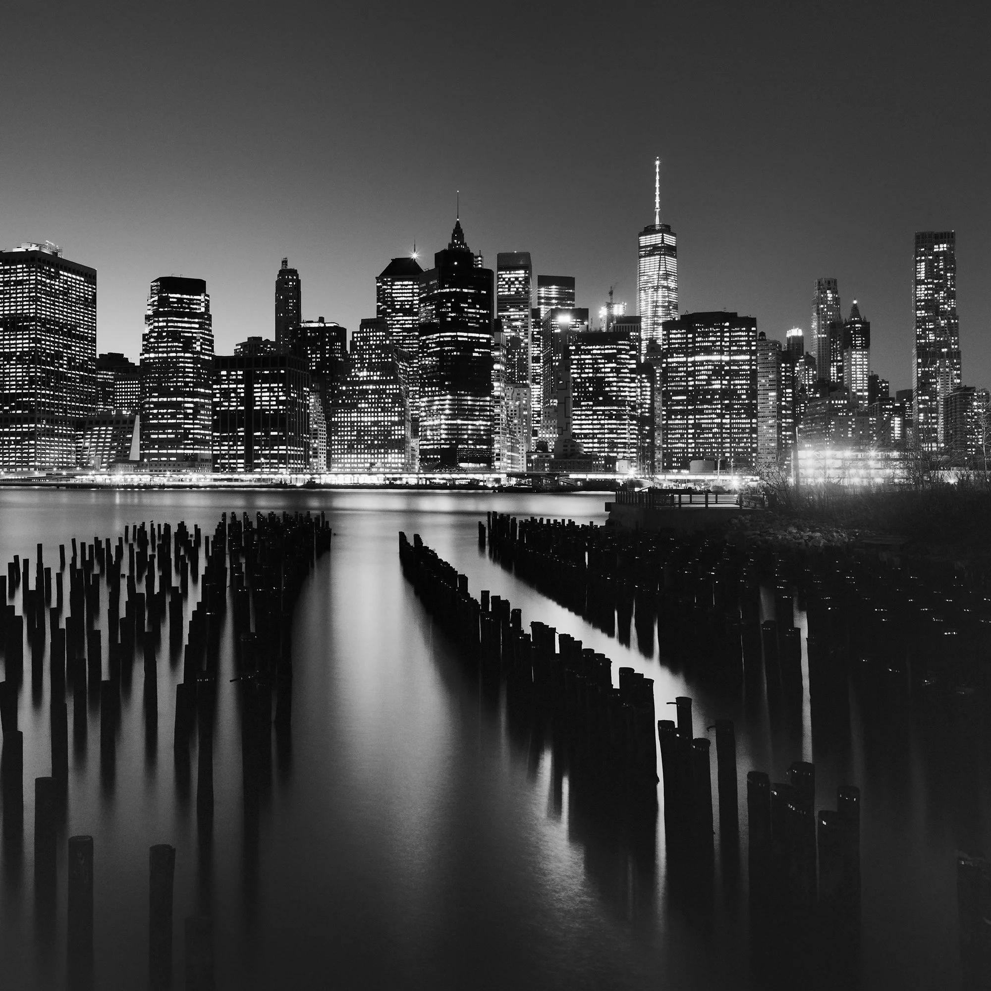 Detail of Manhattan Skyline Study 1 with One World Trade Center and East River pilings, New York City.