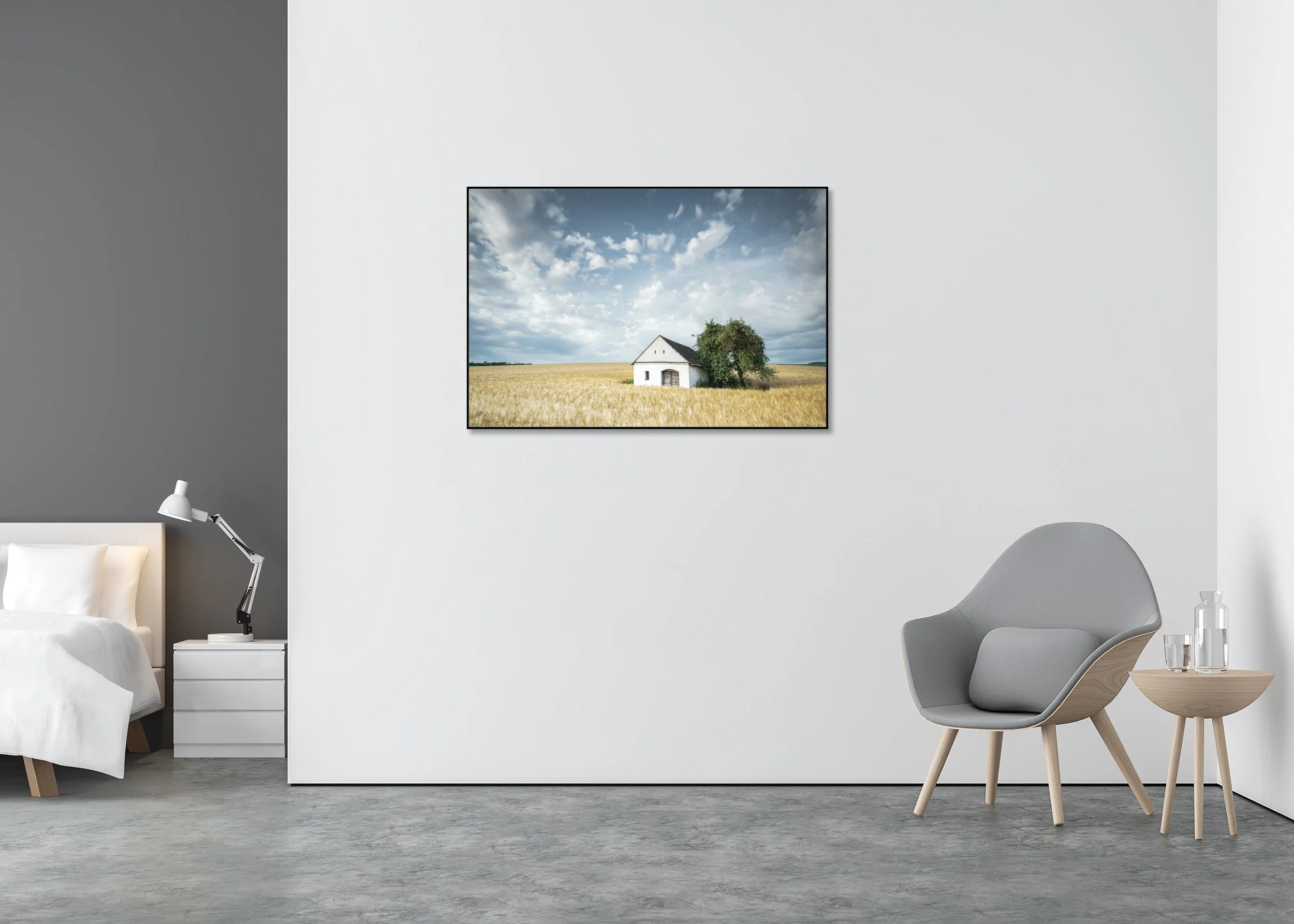 Wine Press House in the Wheat Field displayed in a modern interior as a colour Dibond print in a black aluminium ArtBox frame by Gerald Berghammer.