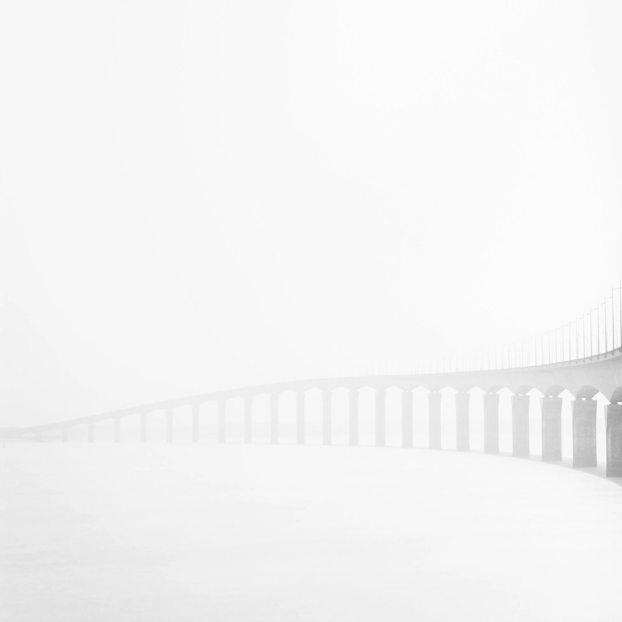 Detail of Pont de l’Île de Ré Study 1 showing the sweeping bridge structure disappearing into mist by Gerald Berghammer.