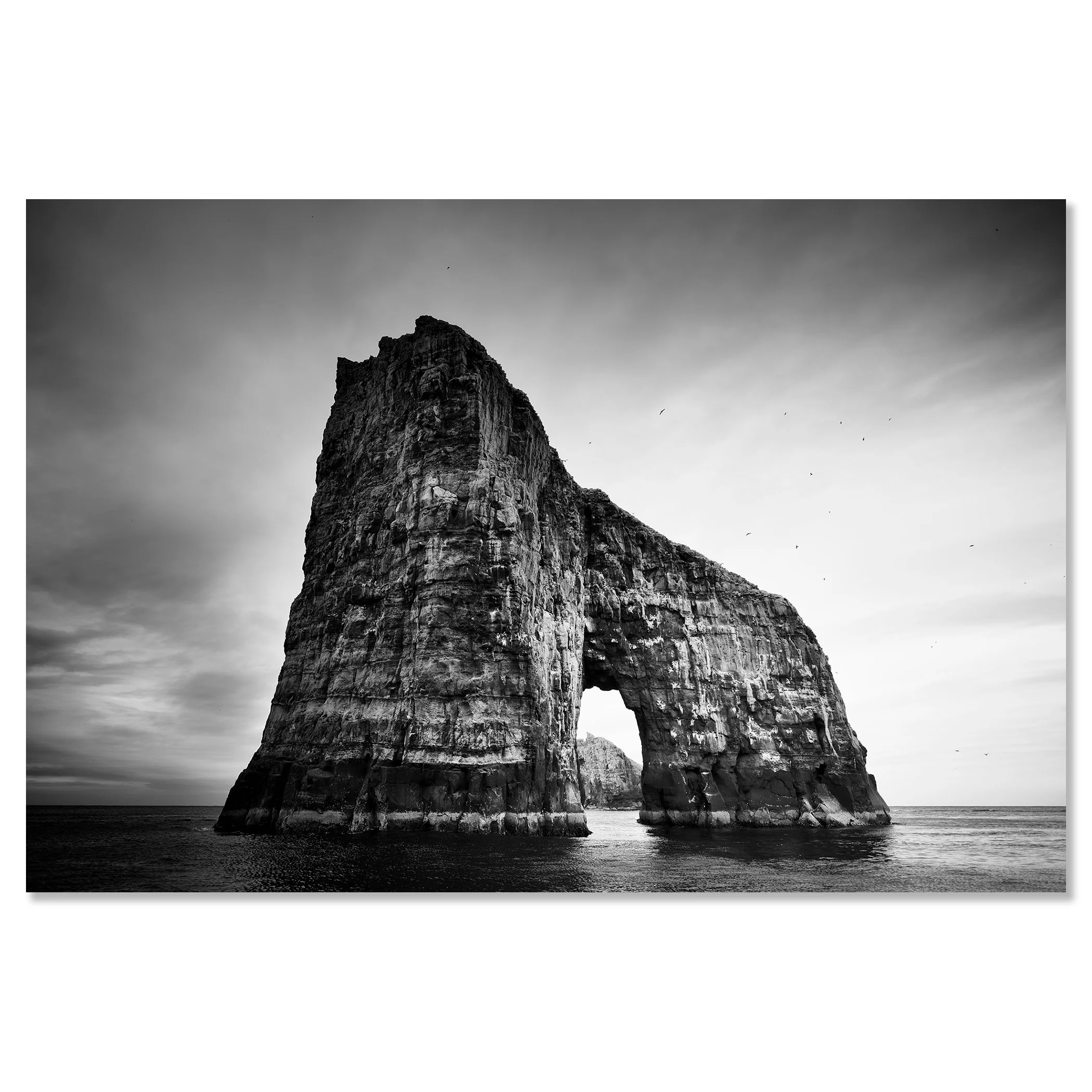 Dramatic ocean rock formation with a natural arch captured in fine art black and white – dibond frameless
