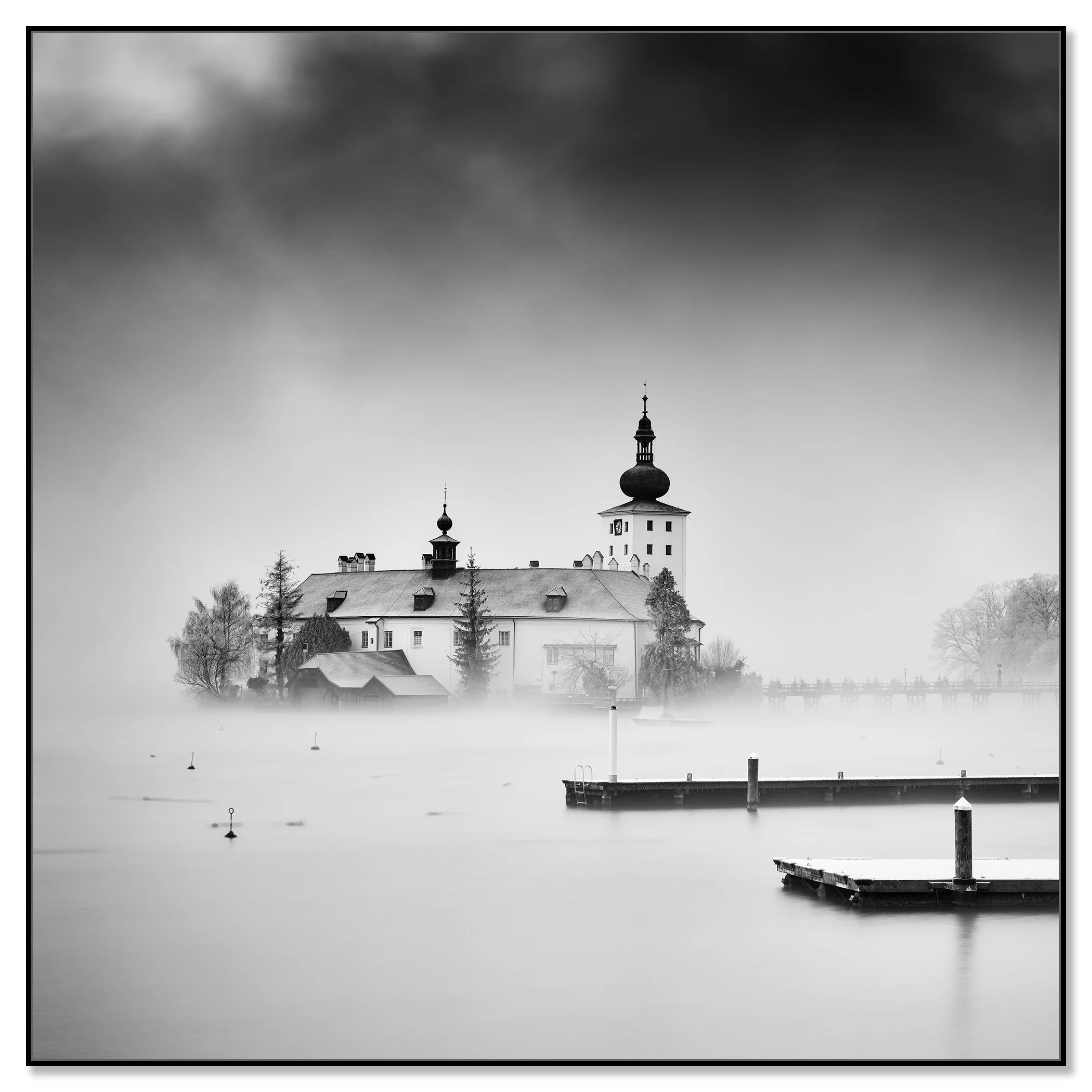 Foggy morning light at Seeschloss Ort, Traunsee Lake, Gmunden, Austria – framed ArtBox black