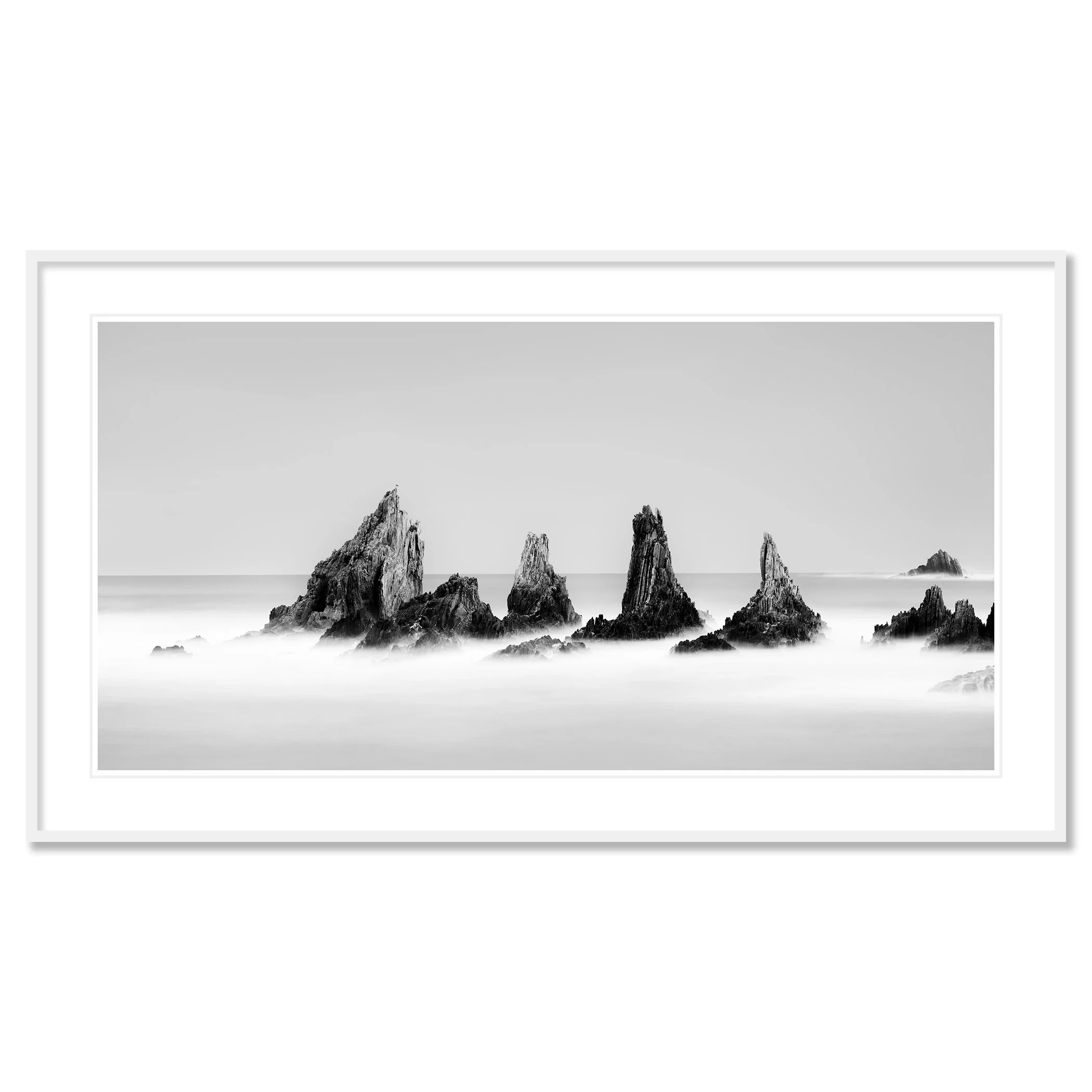 Rocky Peaks Panorama, Study 2 shown as an archival pigment print in a white aluminium frame with a white mount by Gerald Berghammer.