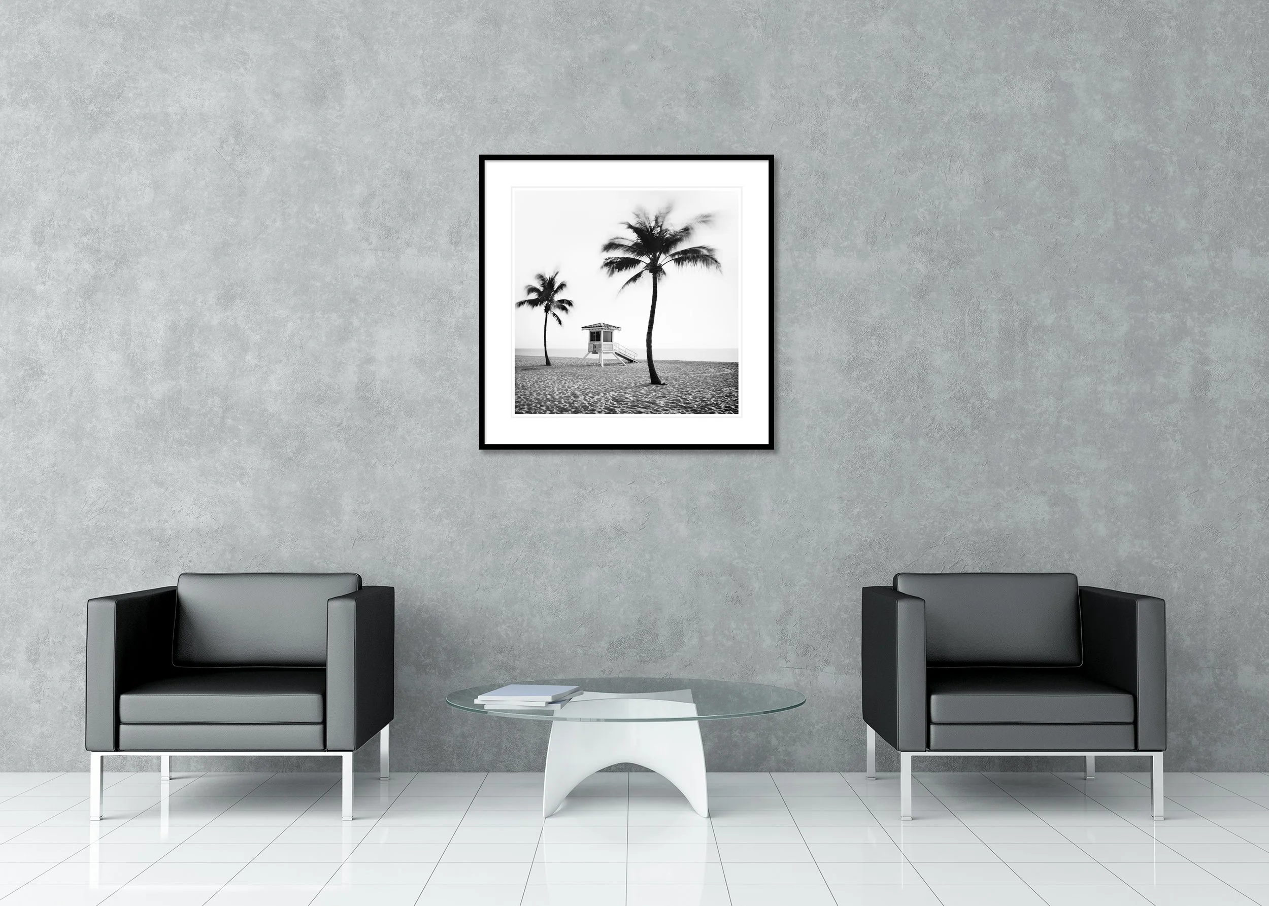 Fort Lauderdale Beach, Study 4 by Gerald Berghammer, black-and-white fine art print in a black aluminium frame with white mount displayed above two armchairs.
