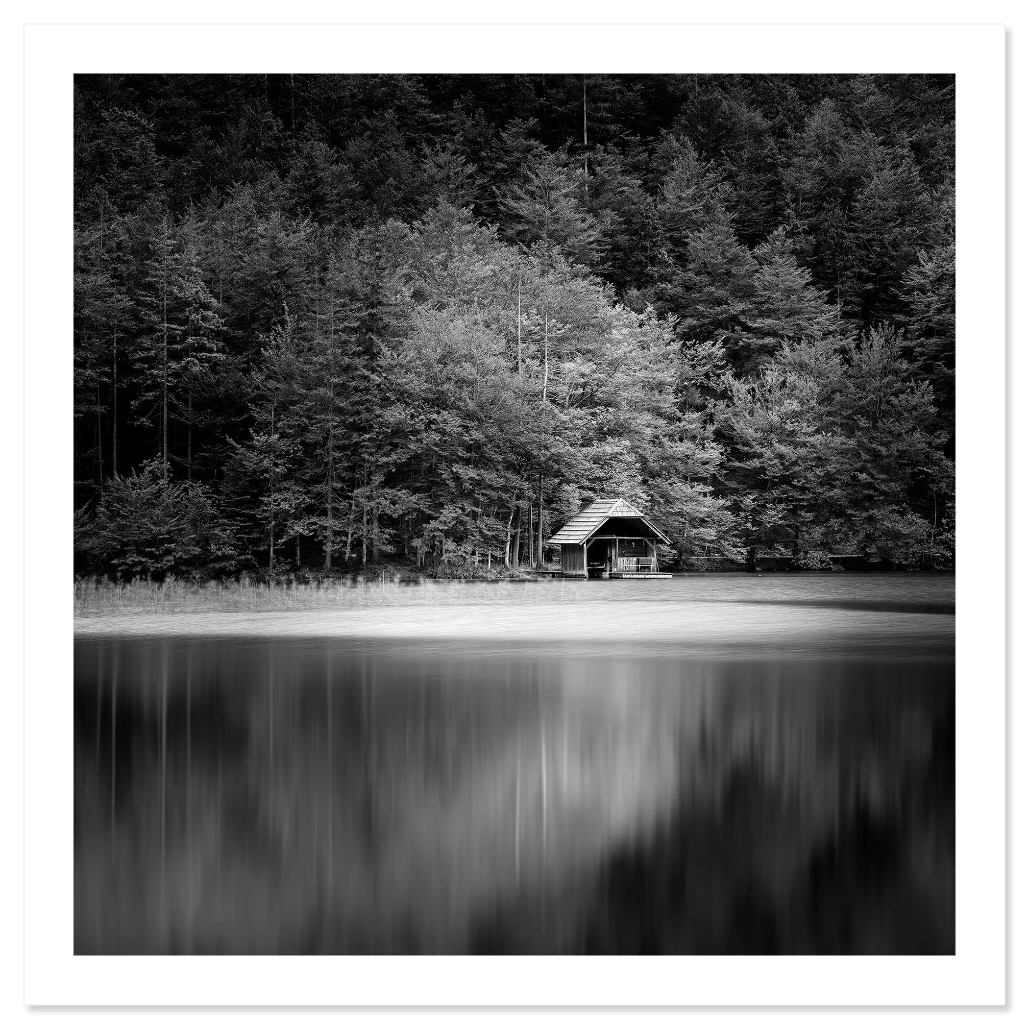 Wooden Boathouse, Study 2 shown as an archival pigment print with a white border by Gerald Berghammer.