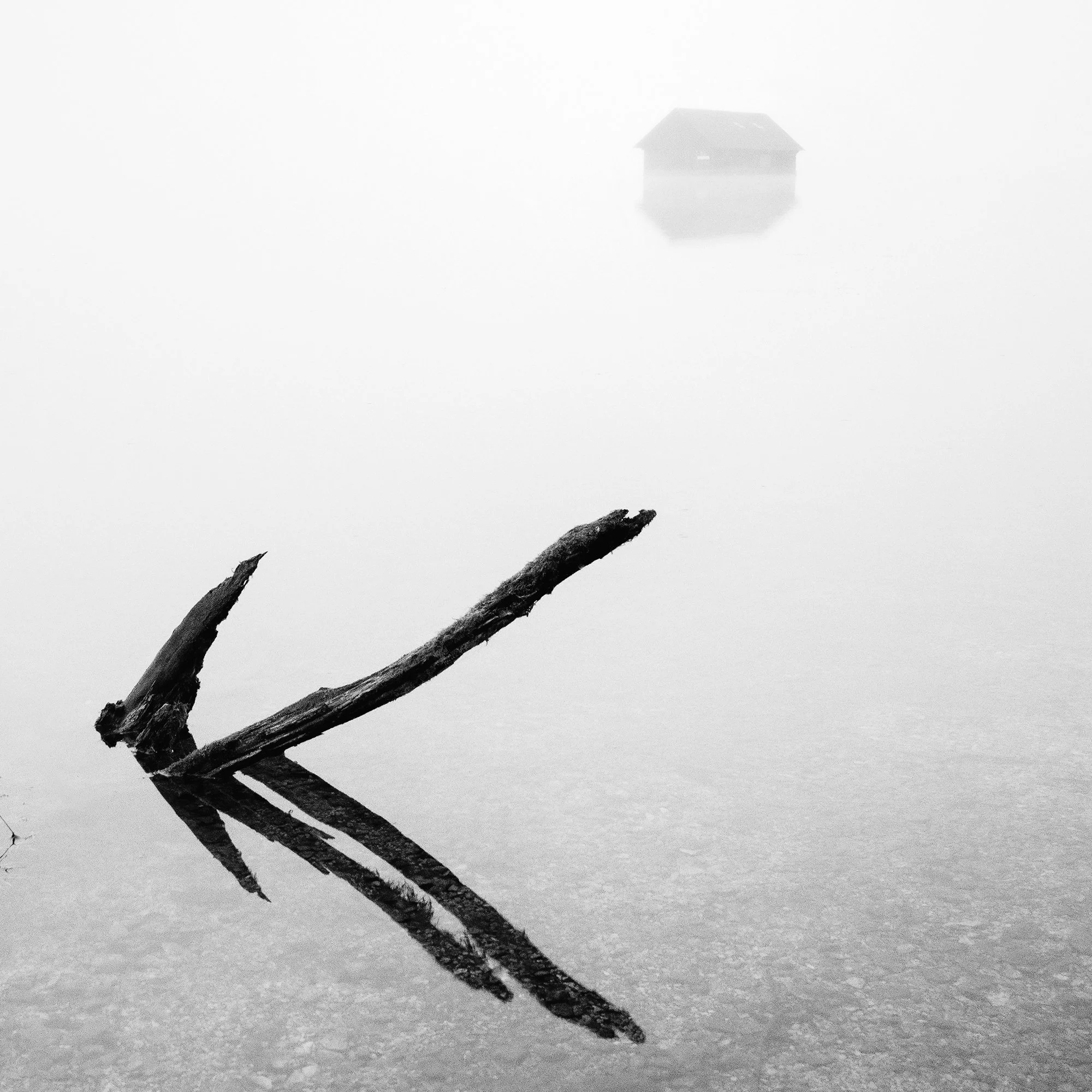 Detail of the distant lake house emerging through fog at Lake Almsee, Austria, by Gerald Berghammer.