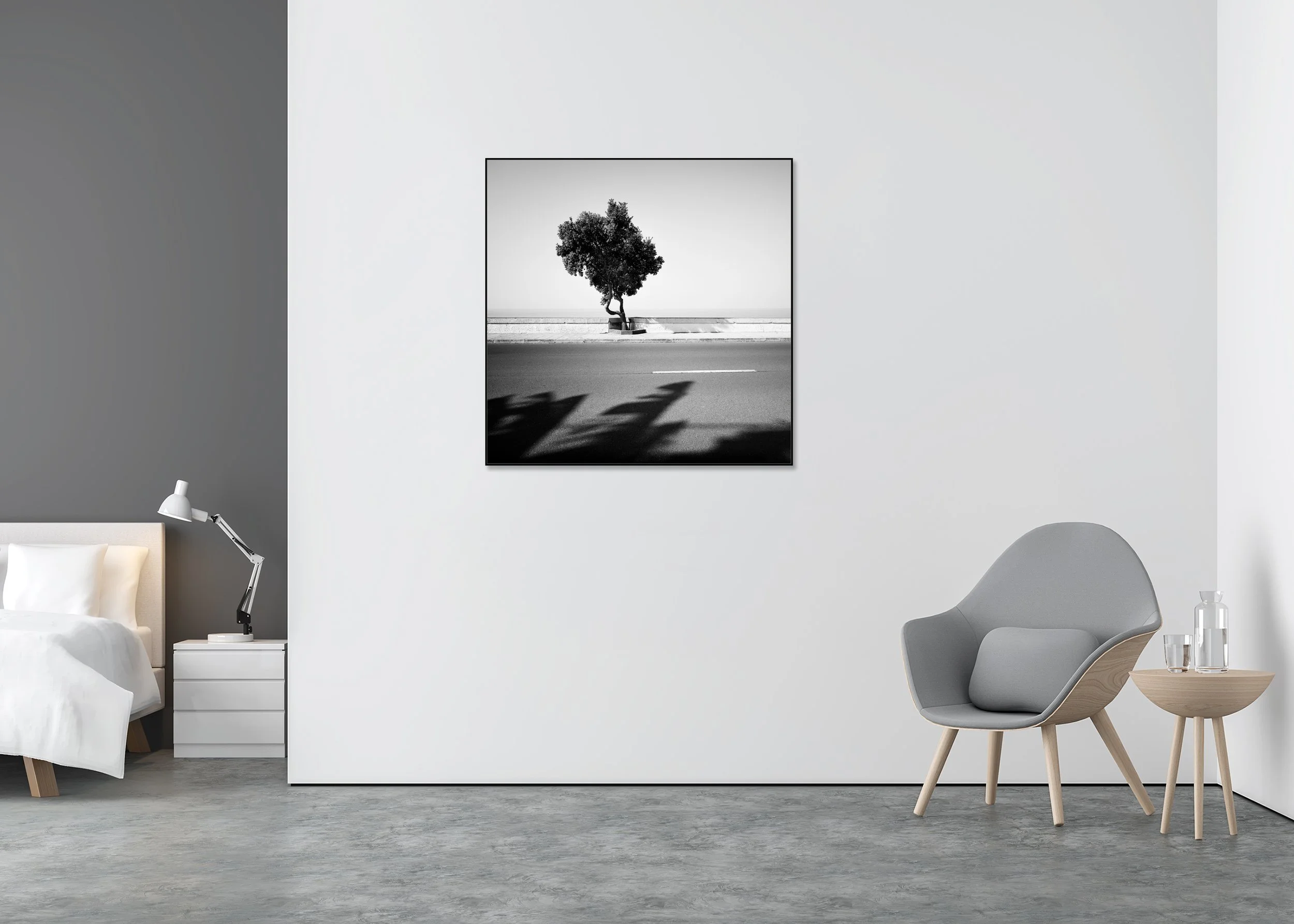 Minimal black and white seafront scene with a single tree, empty road and long shadows, photo print mounted to Dibond in an aluminium ArtBox.