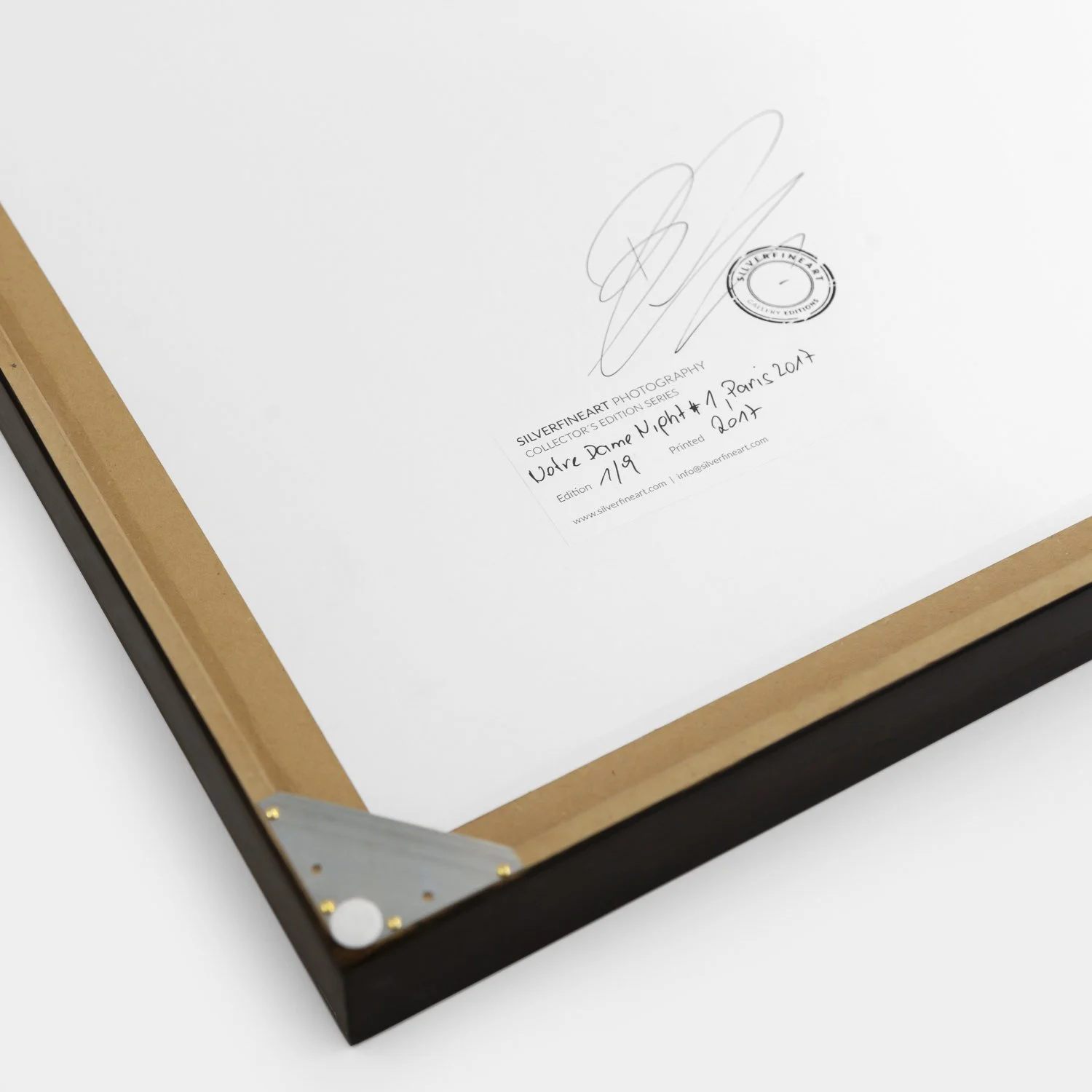 Gerald Berghammer – Notre Dame Night 1, detail of the reverse showing the artist's signature, SILVERFINEART stamp and handwritten edition information.