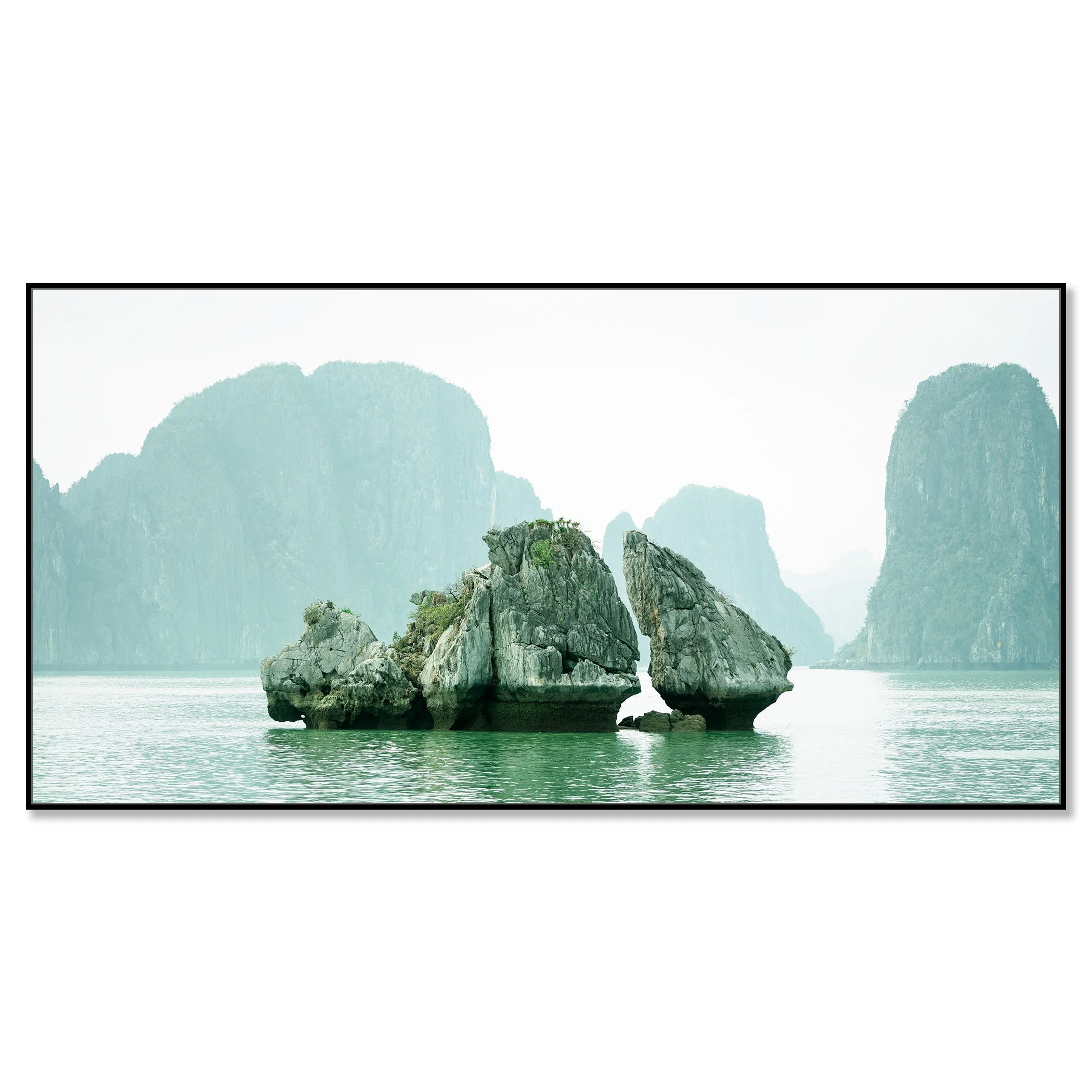 Gerald Berghammer - Color seascape photography. Large rocks rising from the water with, surrounded by calm water and distant limestone cliffs and islands. Chromaluxe framed black