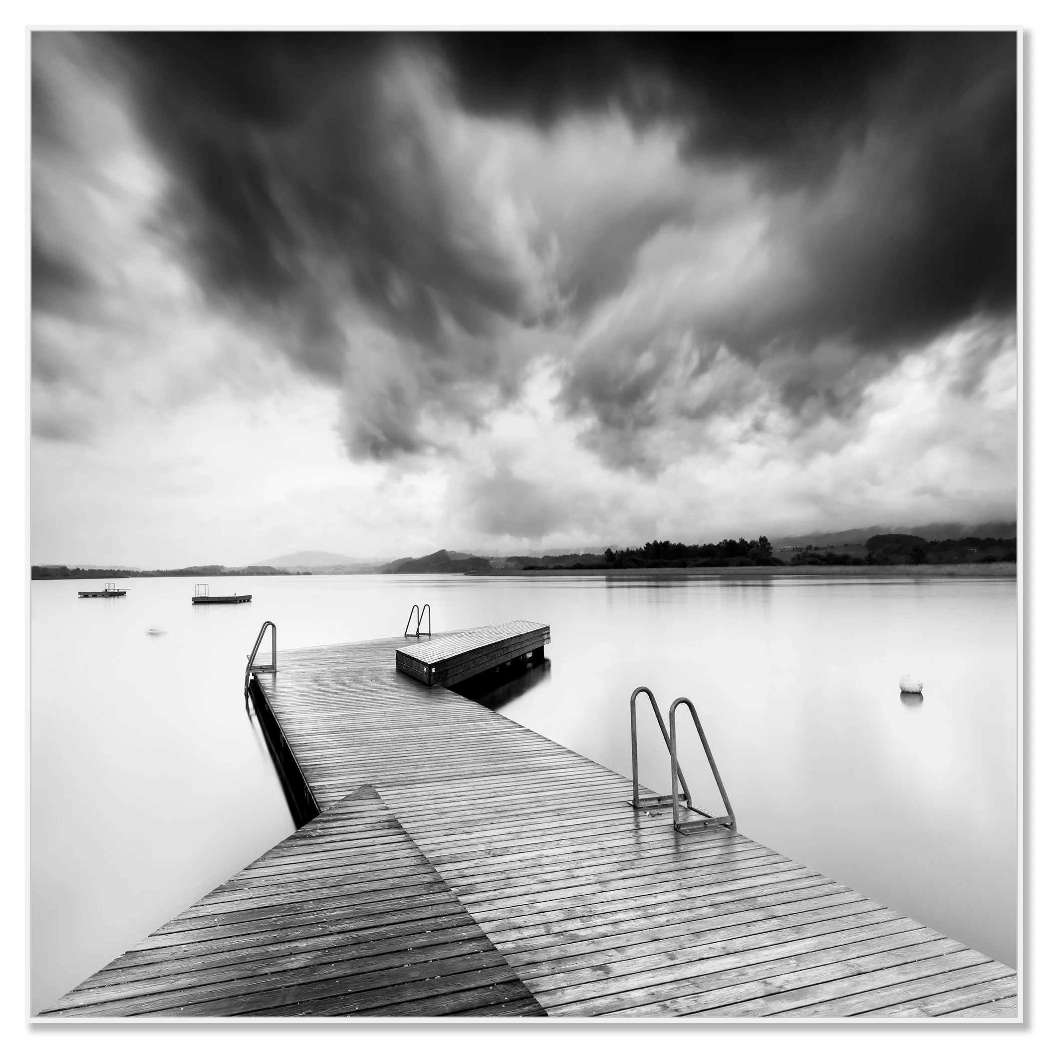 Wooden Pier in a Storm, Study 1 – black-and-white Dibond print in a white aluminium ArtBox frame