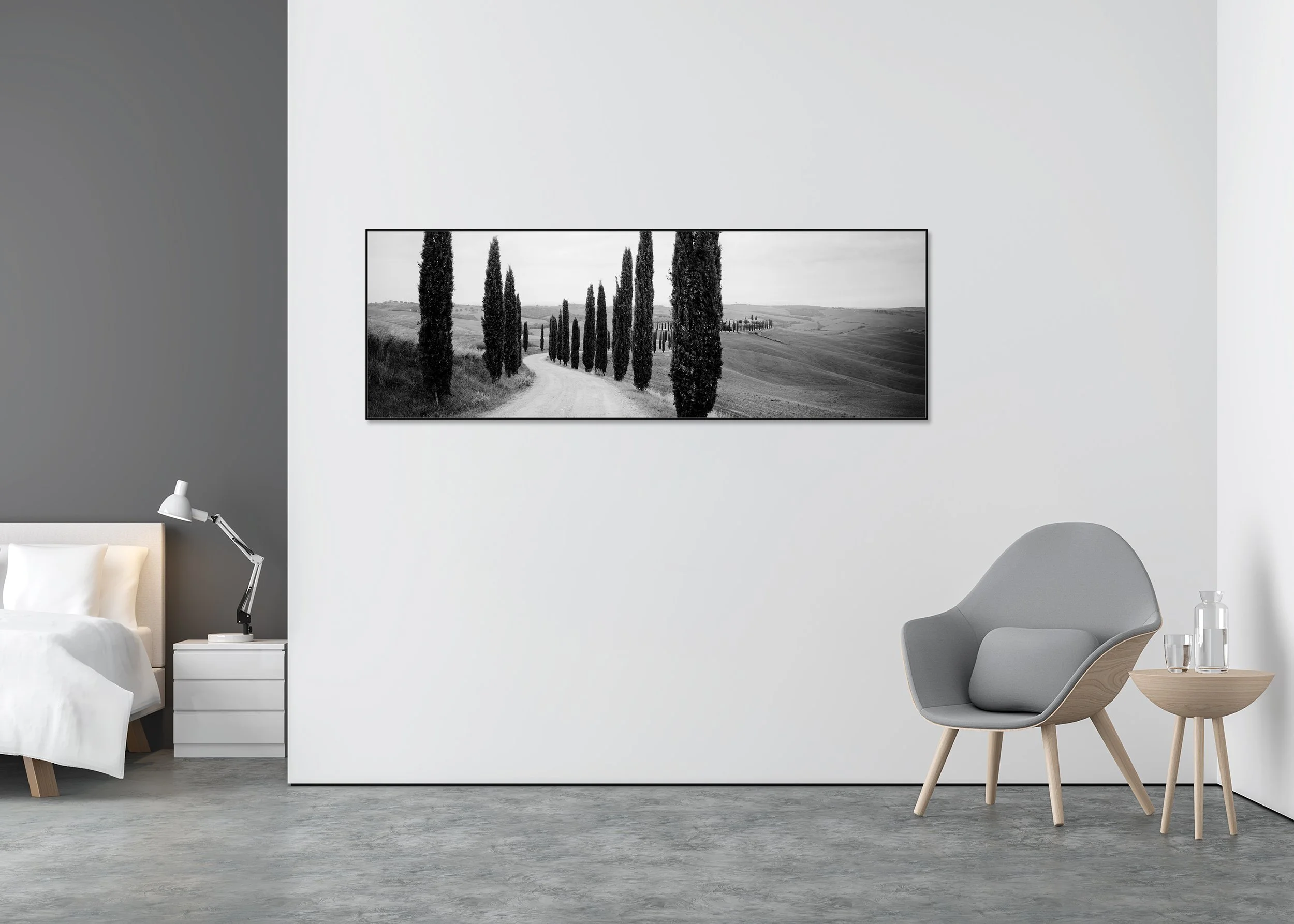 Cypress Path Panorama displayed in a minimalist bedroom, mounted on aluminium Dibond in a black ArtBox frame by Gerald Berghammer.